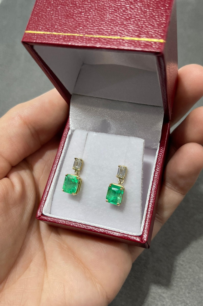 3.79tcw Natural Elongated Emerald & Diamond Dangle Earrings in 18K Gold - Elegant Jewelry for Weddings, Parties & Special Occasions