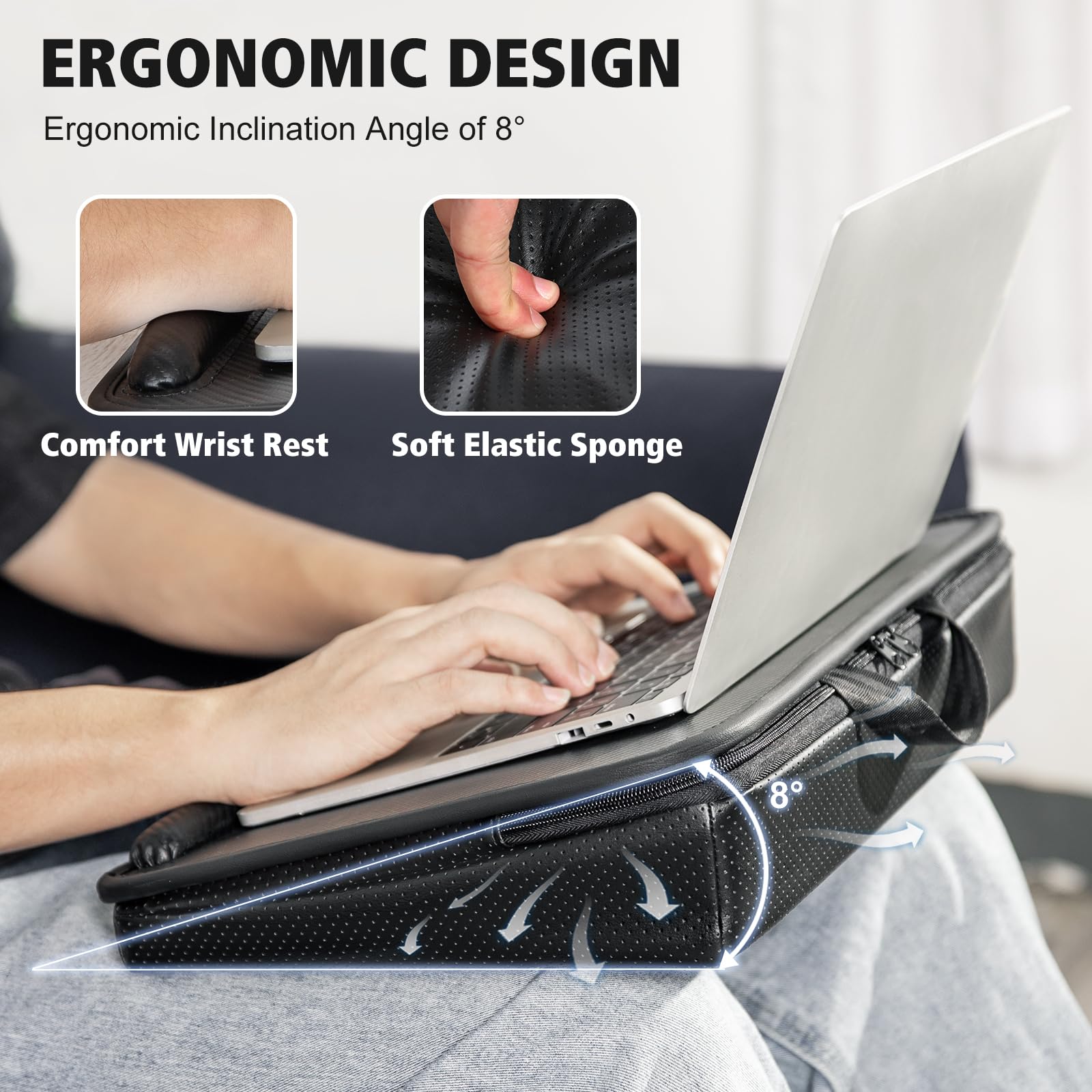 Allinside Ergonomic Lap Desk for Laptop & Tablet - Portable Laptop Stand with Storage Bag - Fits 15.6 Inch Devices - Perfect for Bed, Couch & Travel - Black