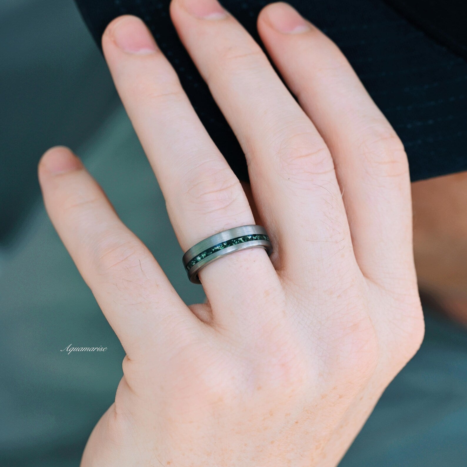 Green Moss Agate & Crescent Moon Couples Ring - Handmade Sterling Silver Matching Promise Rings for Couples, Wedding Bands, Anniversary Gifts & Romantic Occasions