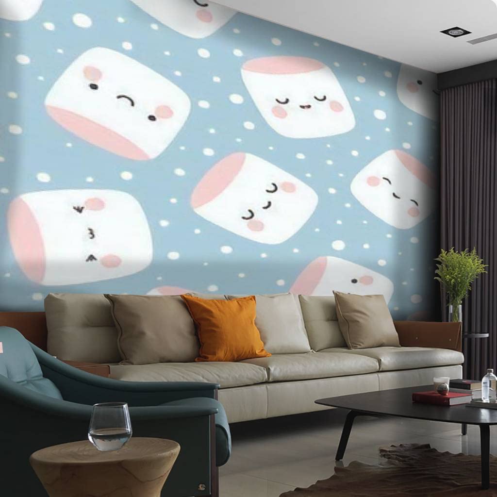 Cute Marshmallow Face Character Wallpaper Canvas Print - Self-Adhesive Peel & Stick Wall Mural Decal (100x144 inches, 254x365cm) for Living Room, Bedroom & Nursery Decor