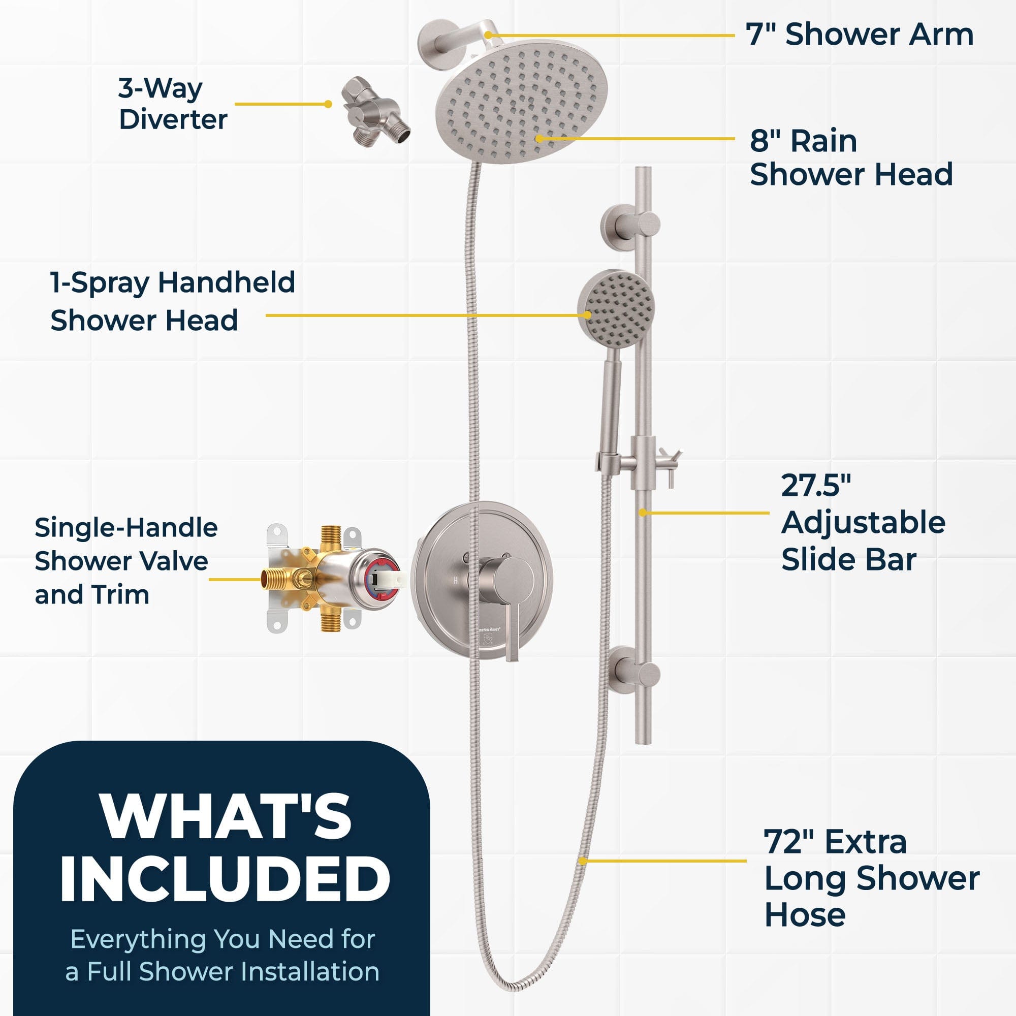 Premium All-Metal Dual Shower Head with Adjustable Slide Bar - Complete Shower System with Valve & Trim Kit (2.5 GPM) - Perfect for Bathroom Renovation & Spa-Like Experience