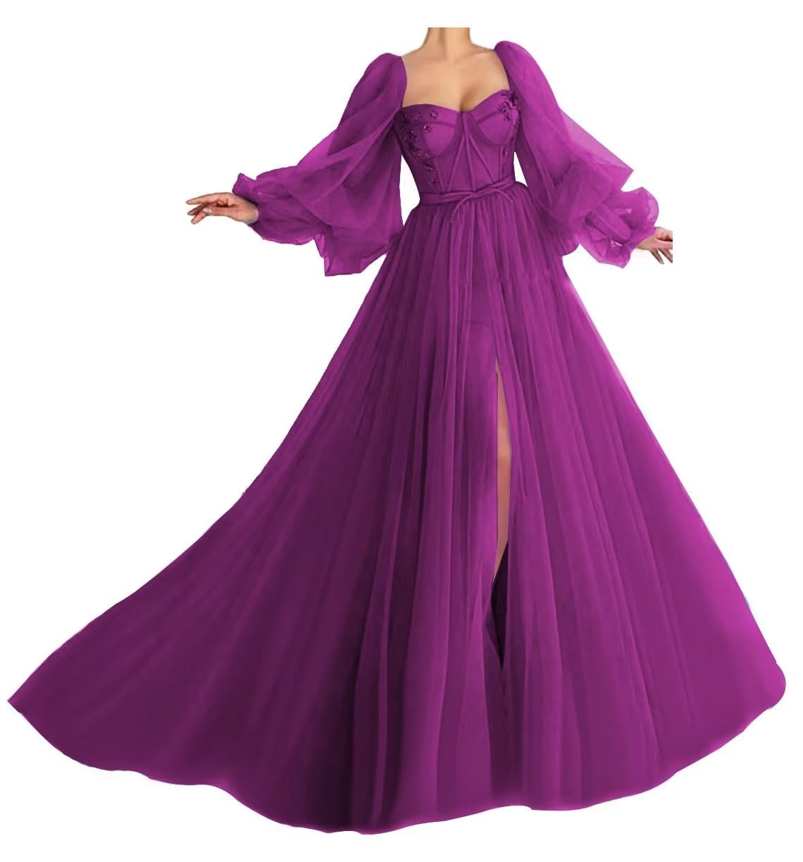 Elegant Fuchsia Tulle Prom Dress with Long Sleeves & Corset - Women's Puffy Ball Gown Princess Dress for Formal Events, Weddings & Special Occasions
