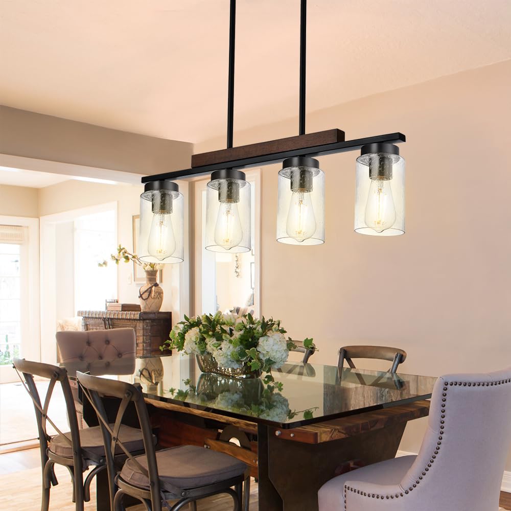 4-Lights Kitchen Island Pendant Light Fixture - Seeded Glass & Solid Wood Frame Linear Chandelier for Dining Room, Living Room - Perfect for Farmhouse, Modern & Industrial Home Decor