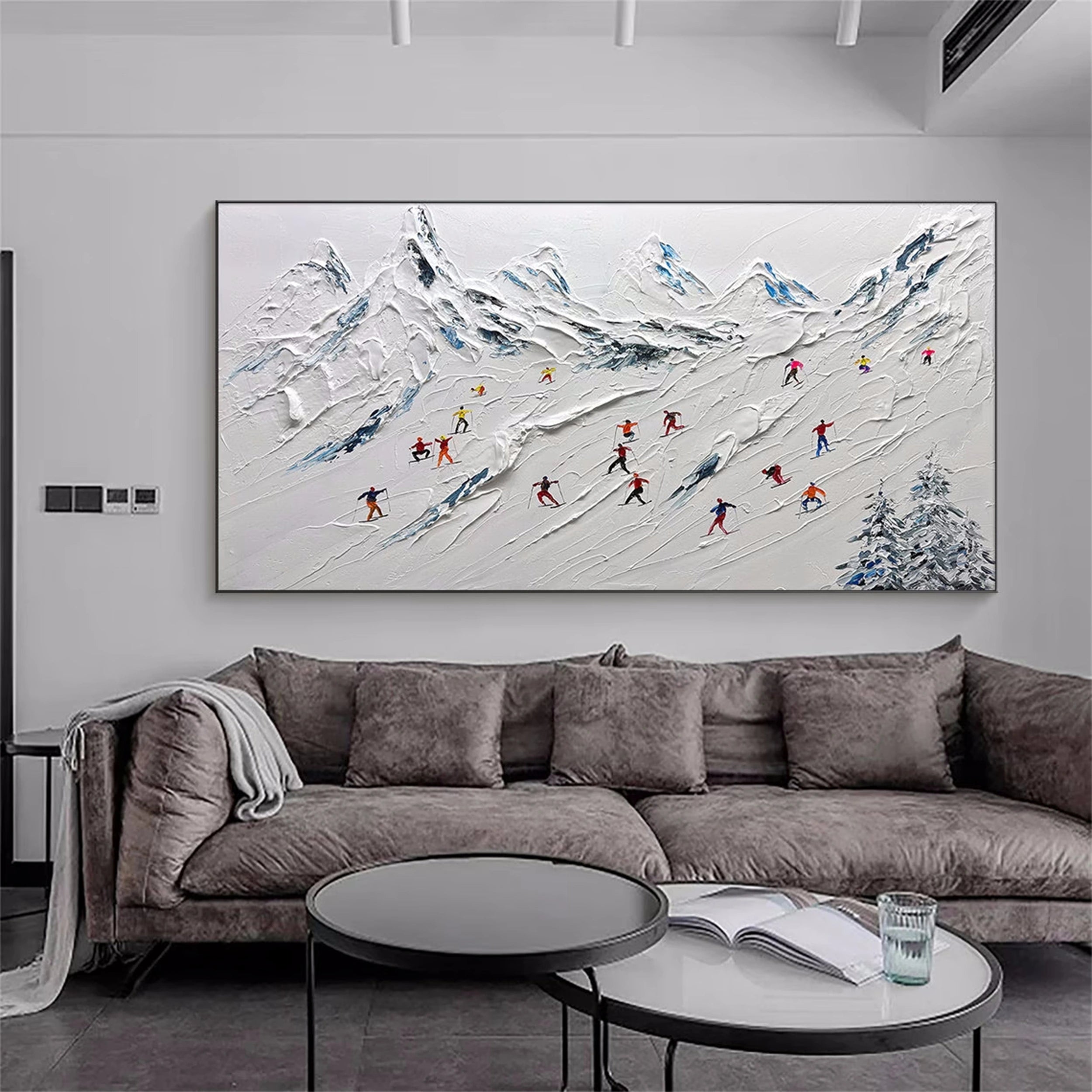 Premium Skiing Sport Art Textured Painting Canvas Wall Decor - Winter Sports Theme Home & Office Decoration (Style #MM115) | Perfect for Living Room, Bedroom, Ski Lodge & Cabin Decor