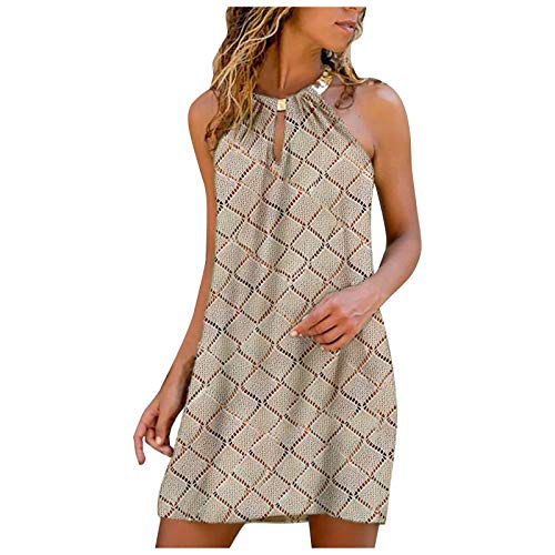 Qinday Women's Summer Floral Mini Dress - Sleeveless Casual Boho Beach Halter Neck Dress for Party, Vacation & Outdoor Activities, Khaki-2, Large