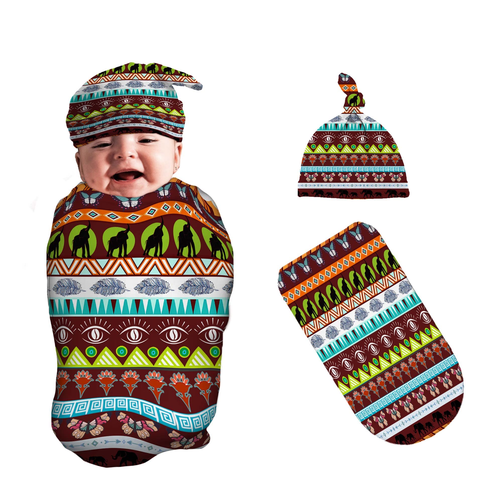 Premium Midaivu Boha Style Newborn Swaddle Blanket & Beanie Hat Set - Soft Baby Receiving Blanket for Boys & Girls - Swaddle Sack & Infant Shower Gift (One Size) - Perfect for Newborn Photography, Hospital Going Home Outfits & Cozy Nursery Time