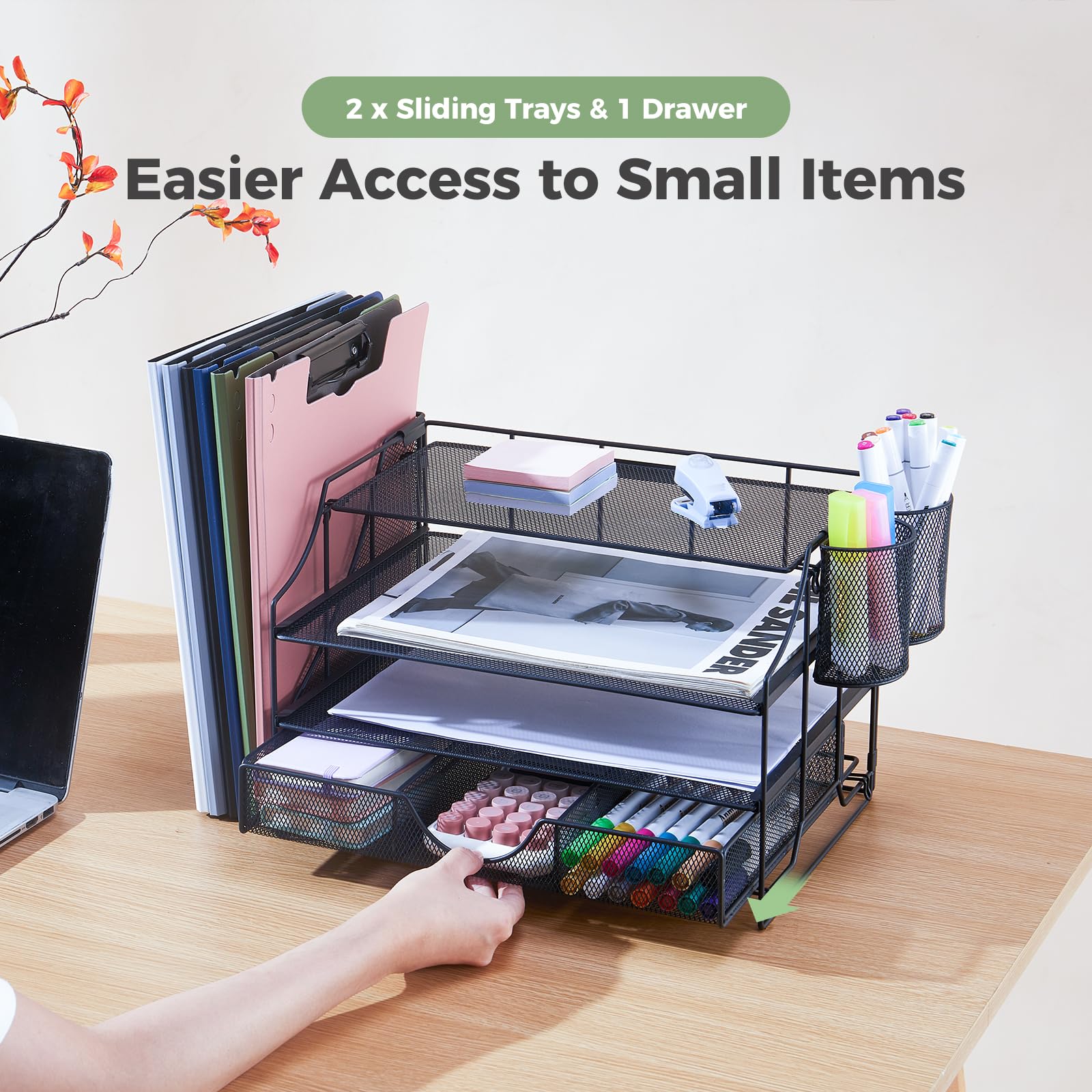 4-Tier Mesh Desk Organizer with Drawer & Vertical File Holder - Office Supplies Storage for Paper, Letters, Documents | Perfect Workspace Accessory for Home & Office Organization