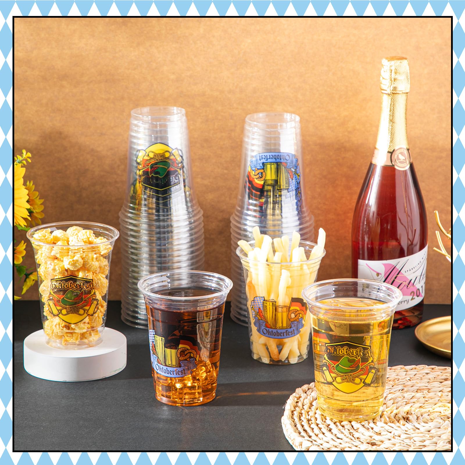 Bokon 100-Pack 16oz Oktoberfest Plastic Beer Cups - Thick Clear Disposable Cups for German Pretzel Beer, Bavarian Themed Party Supplies - Perfect for Oktoberfest Festival, Beer Tasting, and Themed Party Decorations