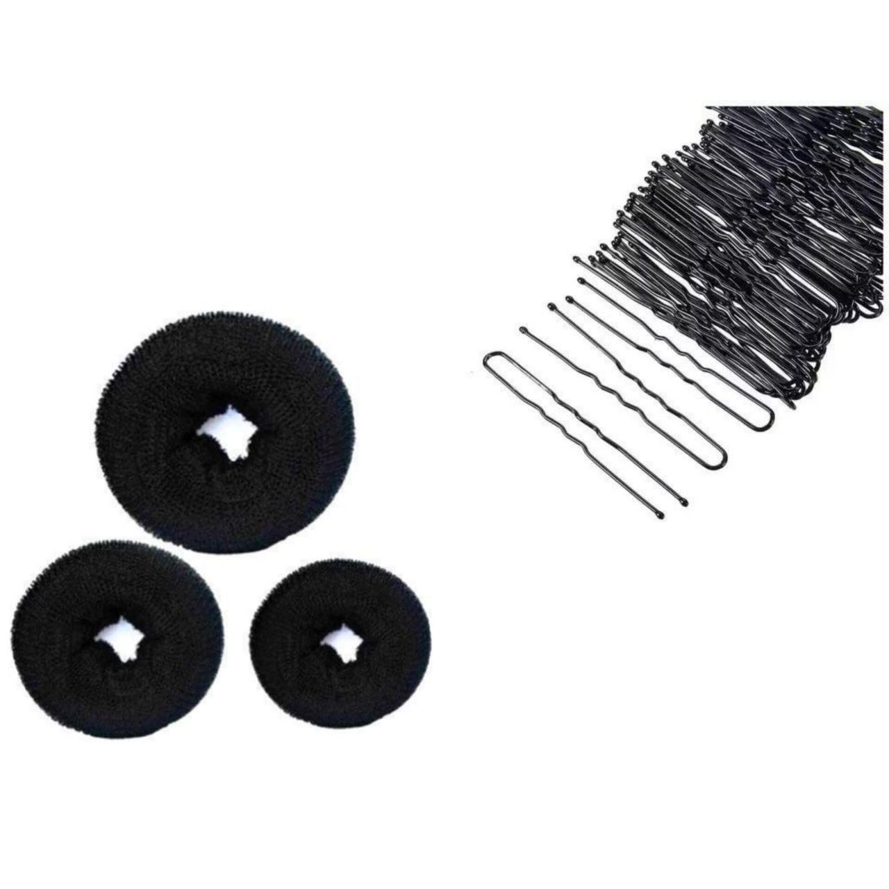 **Sidhav Hair Donut Bun Maker Set - 3 Sizes (Black) with 30 U-Shaped Bobby Pins (6.5cm) for Salon & DIY Hairstyles - Perfect for Updos, Ponytails & Special Occasions**