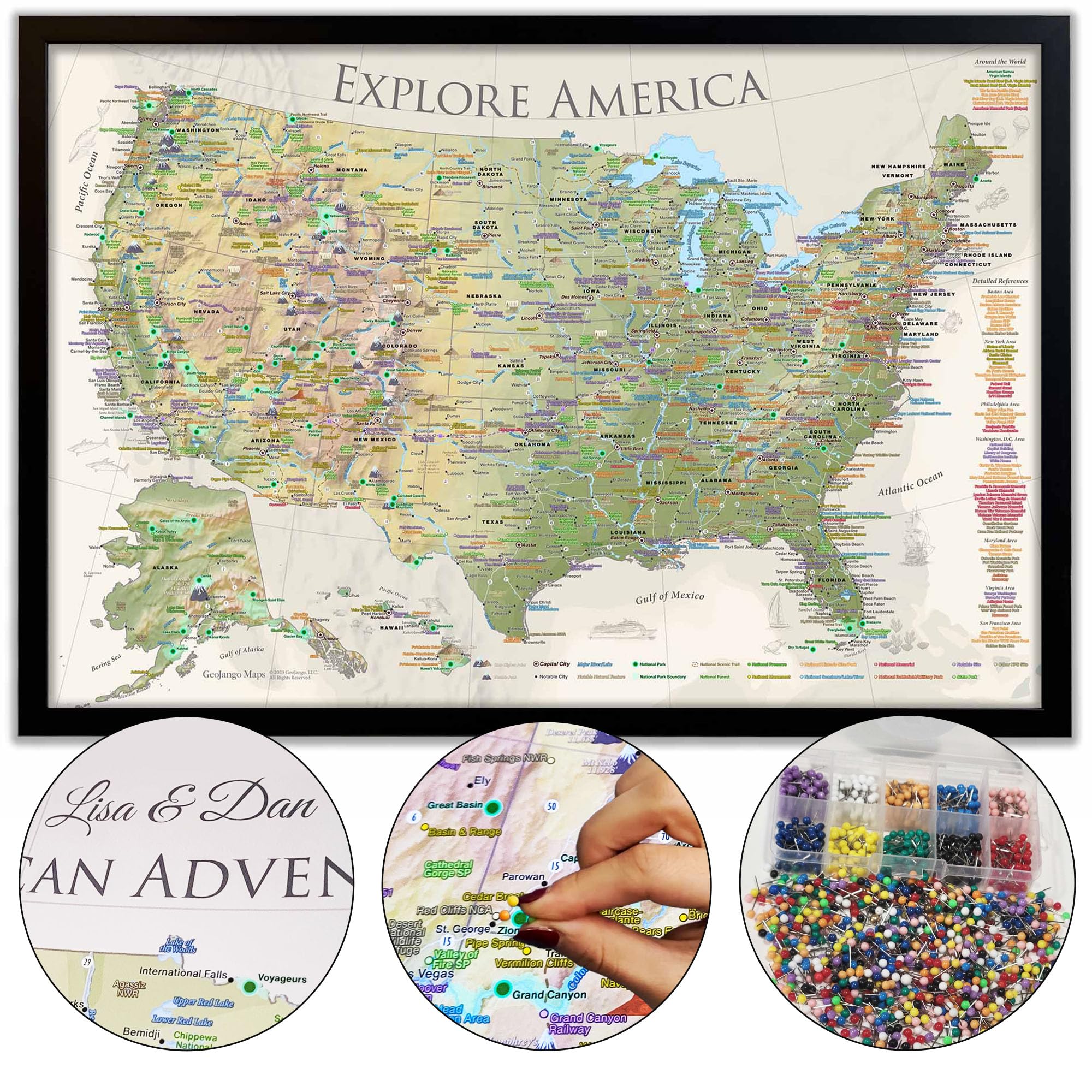 Custom National Parks Map with Pins - 63 US National Parks & 700+ Park Sites - Push Pin Travel Map for Wall Decor (Nautilus Edition) - Framed, Rolled Poster or Stretched Canvas - Includes 500 Pins - Perfect for Travel Enthusiasts & Home Office Decor