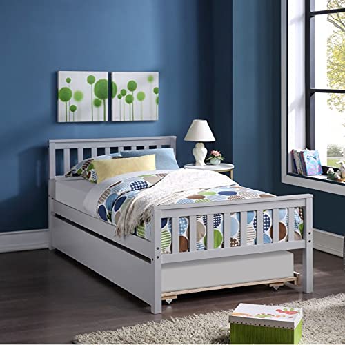 FRITHJILL Solid Wood Twin Bed Frame with Trundle - No Box Spring Needed, Sturdy Platform Bed for Guest Room, Kids Room & Small Spaces