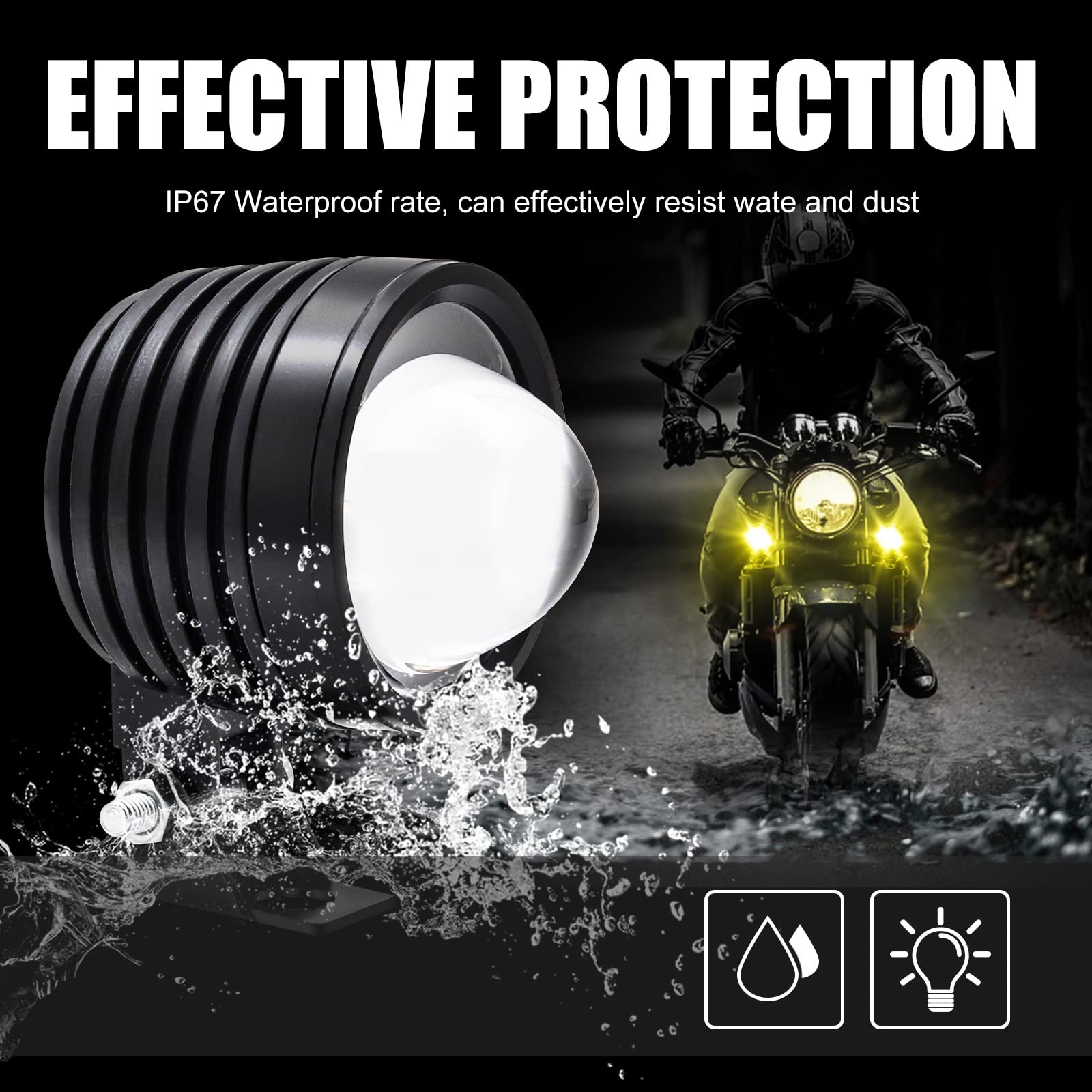 60W Motorcycle Fog Lights 2 Inch 12V Spotlights - Amber/White Dual Color for Night Riding