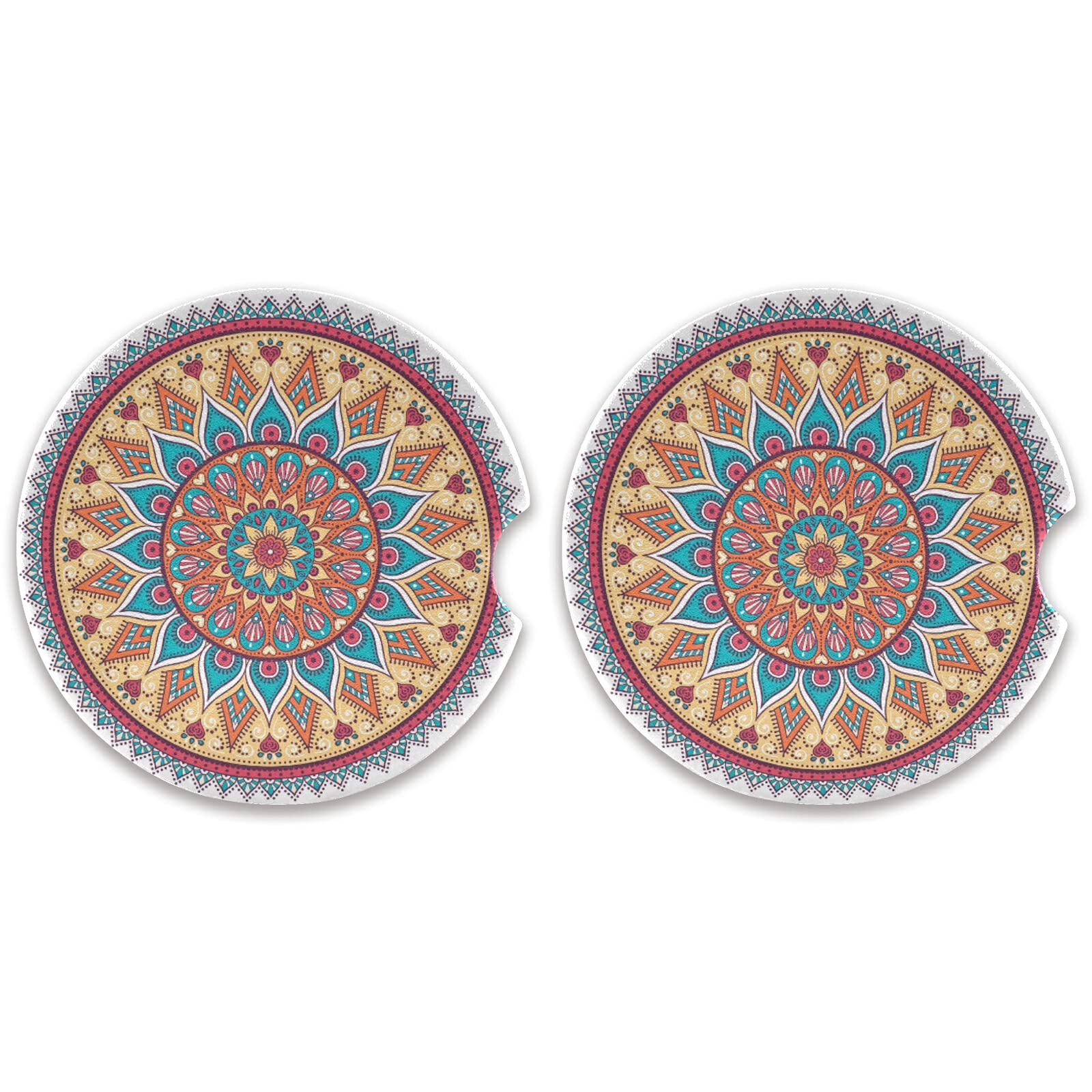 Xigua Flower Mandala Car Coasters 2 Pack - Absorbent Ceramic Stone Cup Holders with Non-Slip Grip for Car, Office & Home Use - Perfect for Coffee, Tea & Beverages