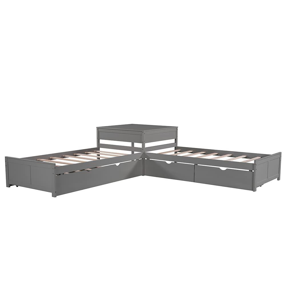 Pinewood L-Shaped Twin Size Kids Platform Bed with Built-in Study Table, Under-Bed Trundle & Storage Drawers - Space-Saving Furniture for Small Bedrooms (Gray) | Perfect for Teens' Dorm Rooms & Shared Kids' Bedrooms