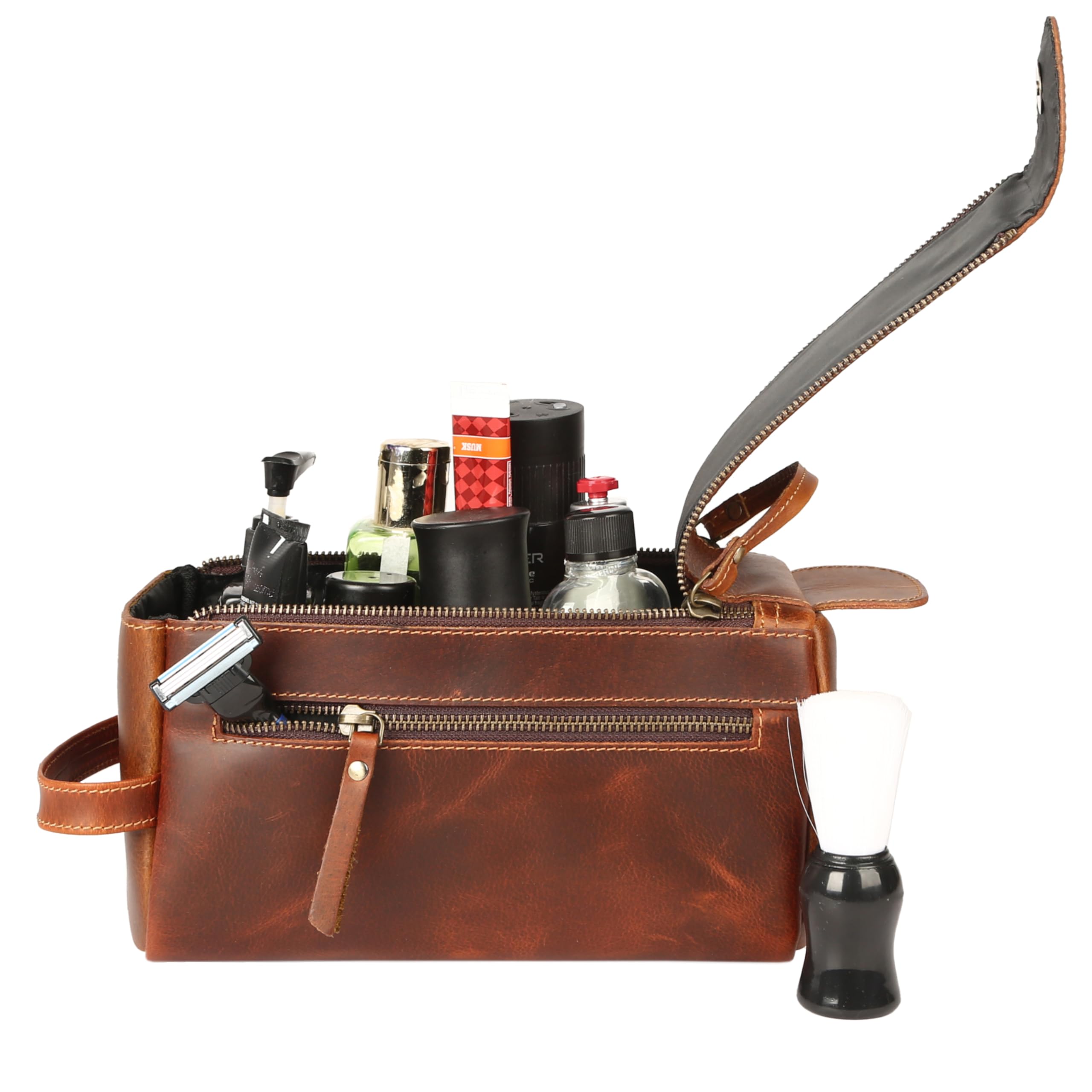 Premium Buffalo Leather Unisex Toiletry Bag - Travel Dopp Kit for Men & Women (Distressed Orange Tan) - Perfect for Camping, Gym & Business Trips