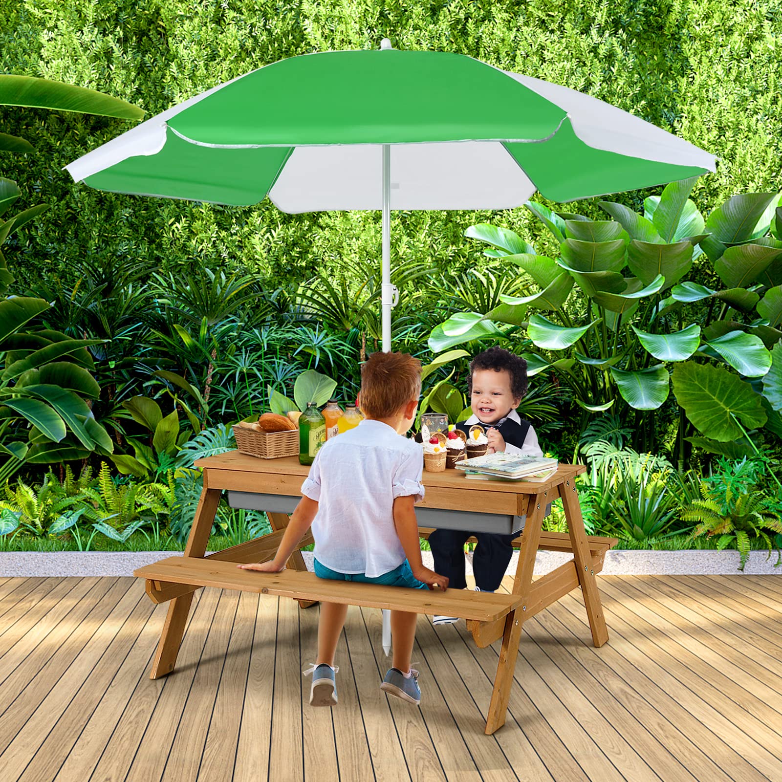Costzon 4-in-1 Adjustable Kids Picnic Table with Sensory Bins - Sand & Water Play Table, Removable Tabletop & Height-Adjustable Umbrella - Durable Wooden Outdoor Play Table for Backyard, Patio, Preschool & Daycare Activities