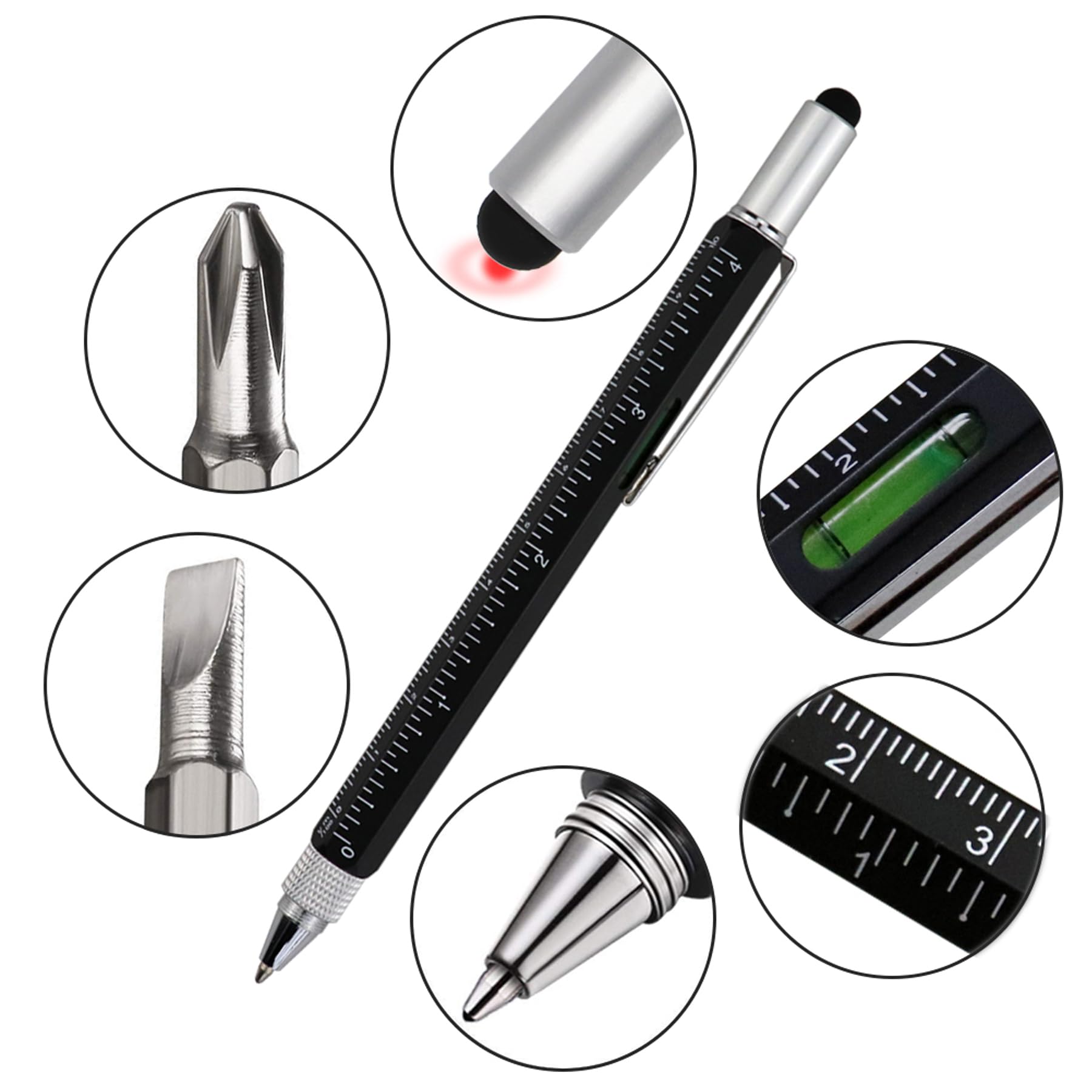 HeTaoCat 6-in-1 Multi-Tech Tool Pen with Stylus, Screwdriver, Ruler & Level Gauge - Black Ballpoint Pen for DIY, Construction & Office Use - Perfect Gift for Tech Enthusiasts & Professionals