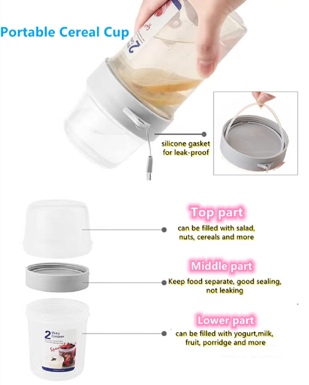 Portable Leak-Proof Breakfast Cups with Fork - Reusable Cereal & Yogurt Containers for Overnight Oats, Salad, Snacks & Dressing - Ideal for Office, Travel & On-the-Go Meals (Grey)