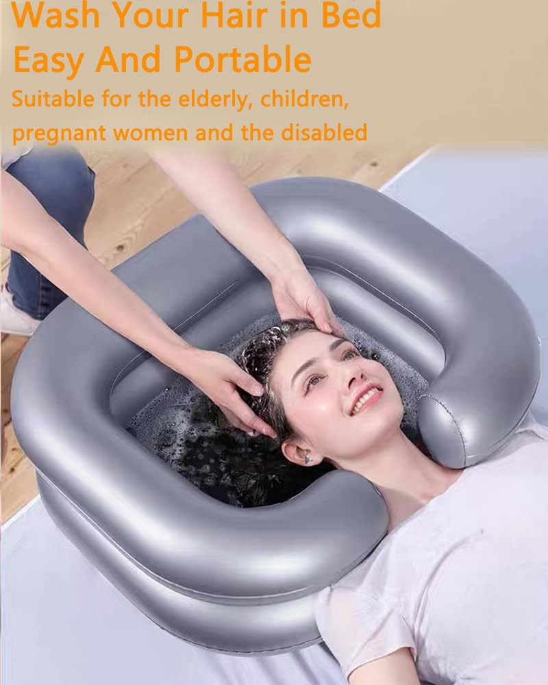 **Portable Inflatable Hair Washing Basin for Elderly, Bedridden & Handicapped - Shampoo Bowl for Pregnant Women & Kids - Home Use Sink Tray (Silver) - Perfect for Home Care, Travel & Salon Use**