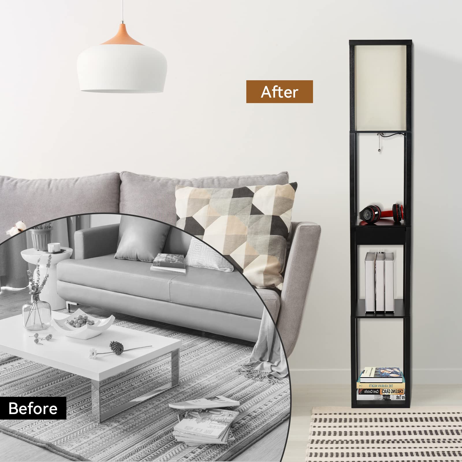 PULUOMIS 3-Tier Floor Lamp with Shelves, LED Bulb, 2 USB Ports & Drawer - Modern Standing Lamp for Living Room, Bedroom, Office - Perfect for Reading, Charging Devices & Home Decor (Black)