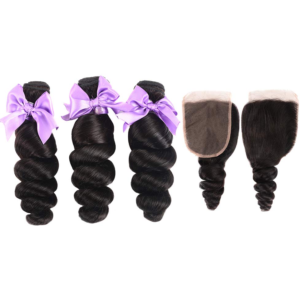 8A Brazilian Virgin Human Hair Loose Wave Bundles with 4x4 Lace Closure - 100% Unprocessed Human Hair Extensions (28+28+28+20) for Natural Volume & Styling | Perfect for Weaves, Ponytails & Everyday Hairstyles