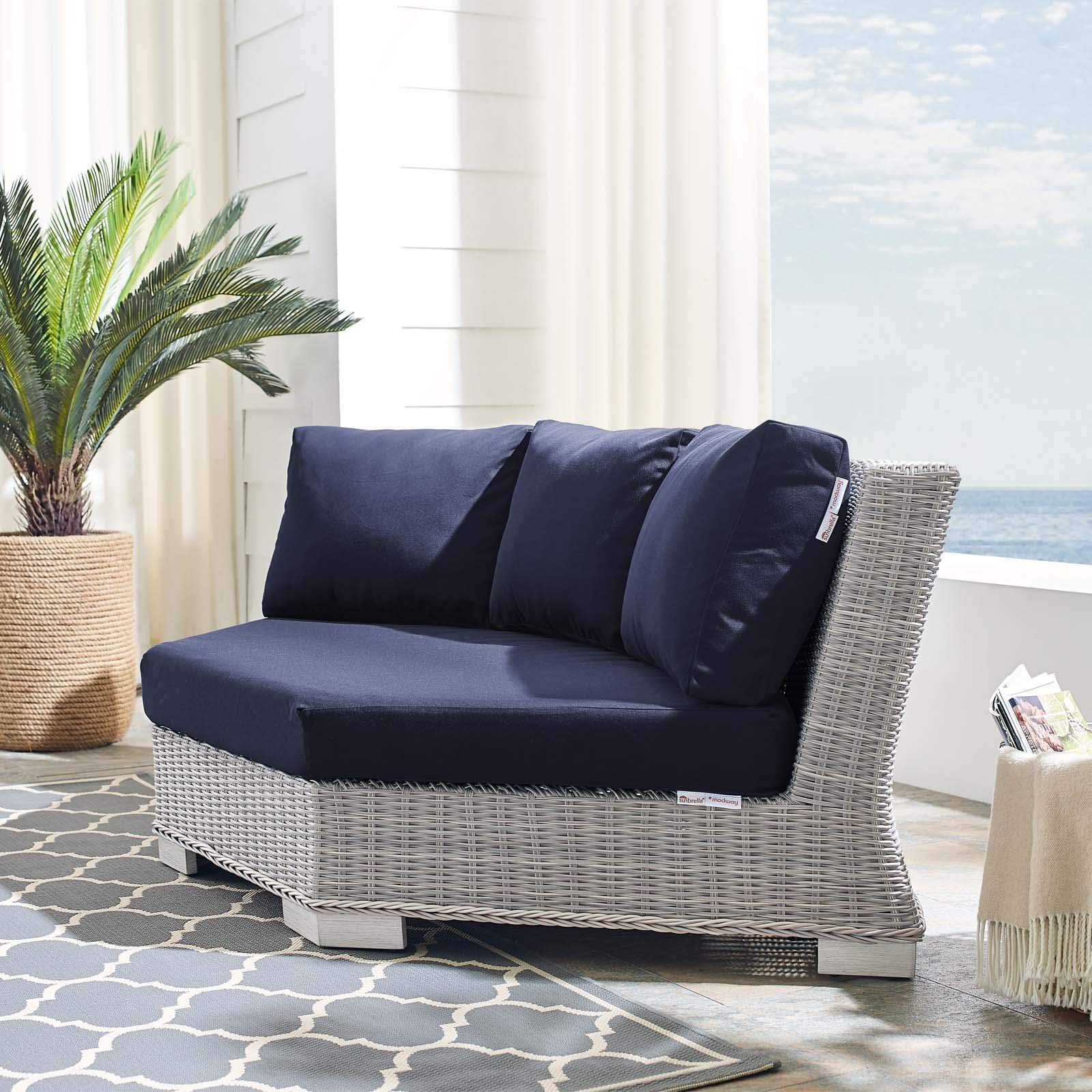 Modway Conway Sunbrella Outdoor Patio Wicker Rattan Round Corner Chair - Light Gray Navy - Weather-Resistant Lounge Chair for Poolside, Garden & Backyard Relaxation
