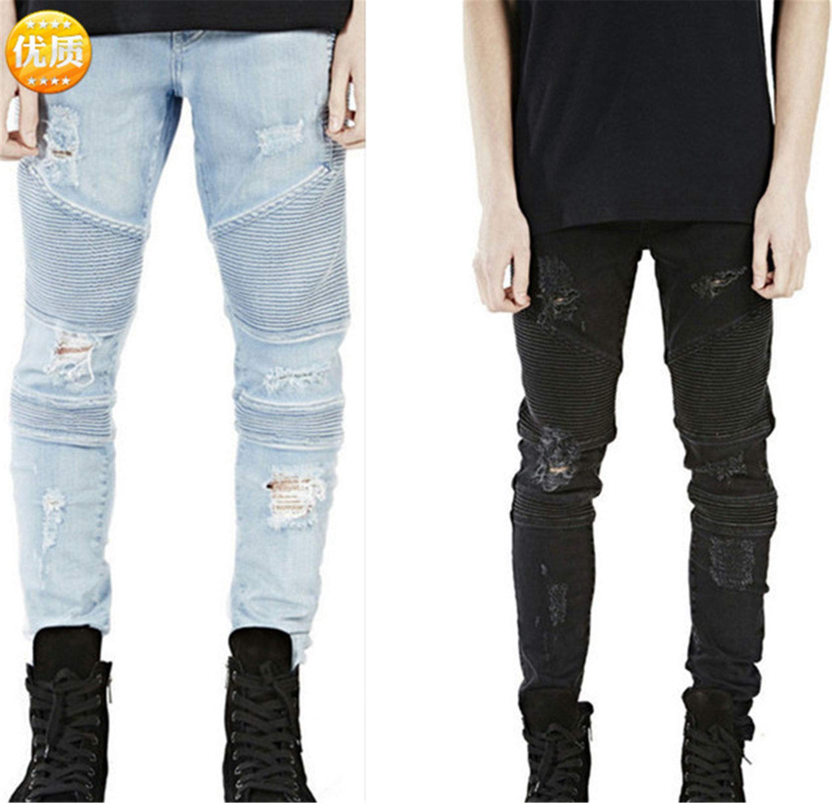 Men's Slim Fit Stretch Skinny Jeans - Washed Black Denim with Pleated Detail & Ripped Destroyed Style for Motorcycle Bikers (Size 33) - Perfect for Casual Wear, Night Out & Urban Street Fashion