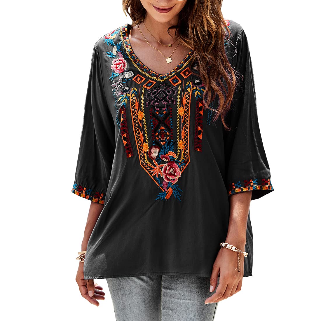 AK Embroidered Tops for Women - 3/4 Sleeve Peasant Blouse Mexican Shirts with V-Neck - Traditional Tunic Casual Tops - Perfect for Boho Outfits, Summer Wear & Festival Fashion