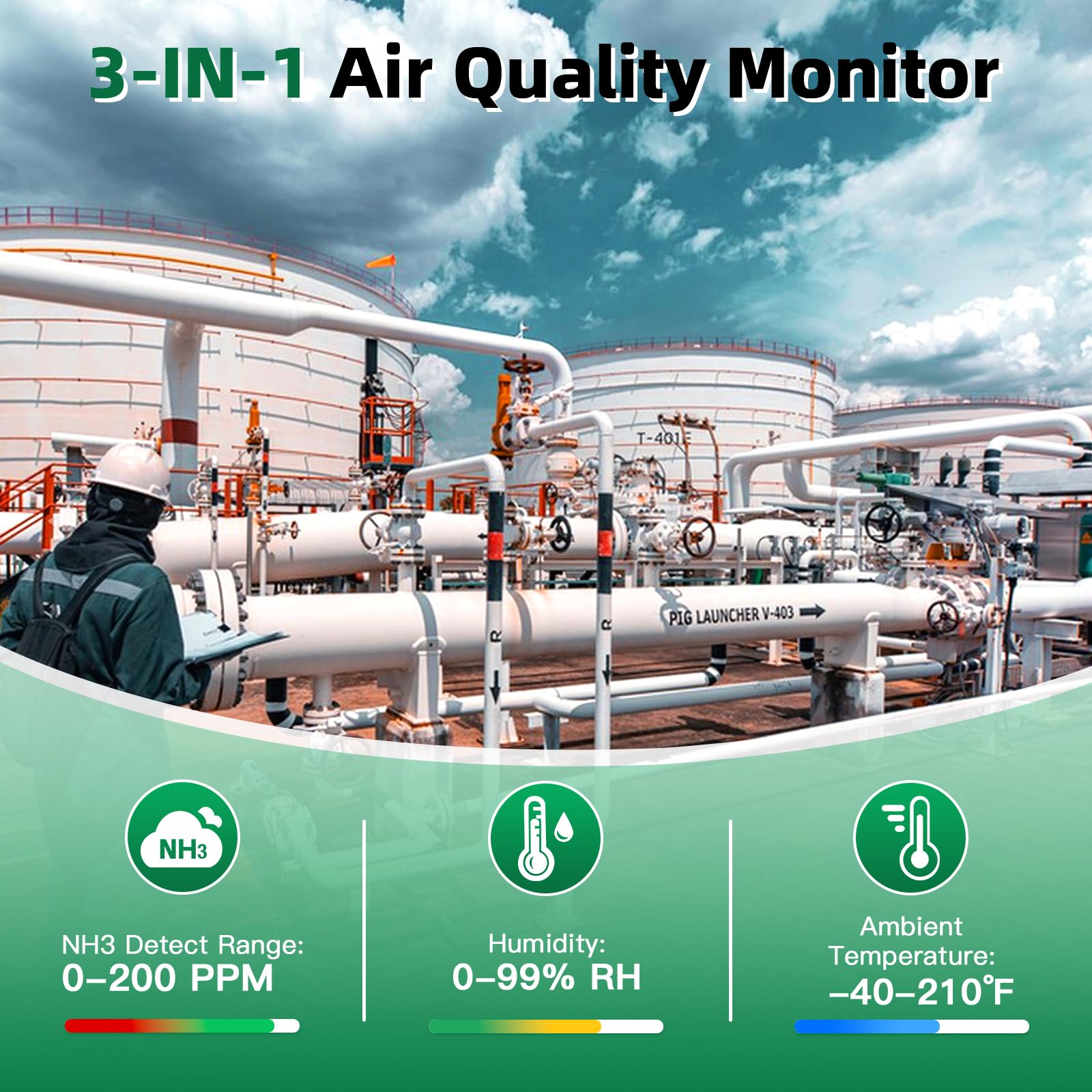 Portable Ammonia Gas Detector 0-200 PPM - Rechargeable Digital NH3 Gas Monitor with Temperature & Humidity Sensor - Ideal for Farms, Poultry Houses, Pig Stables & Livestock Barns - Indoor Air Quality Tester for Agriculture & Animal Husbandry