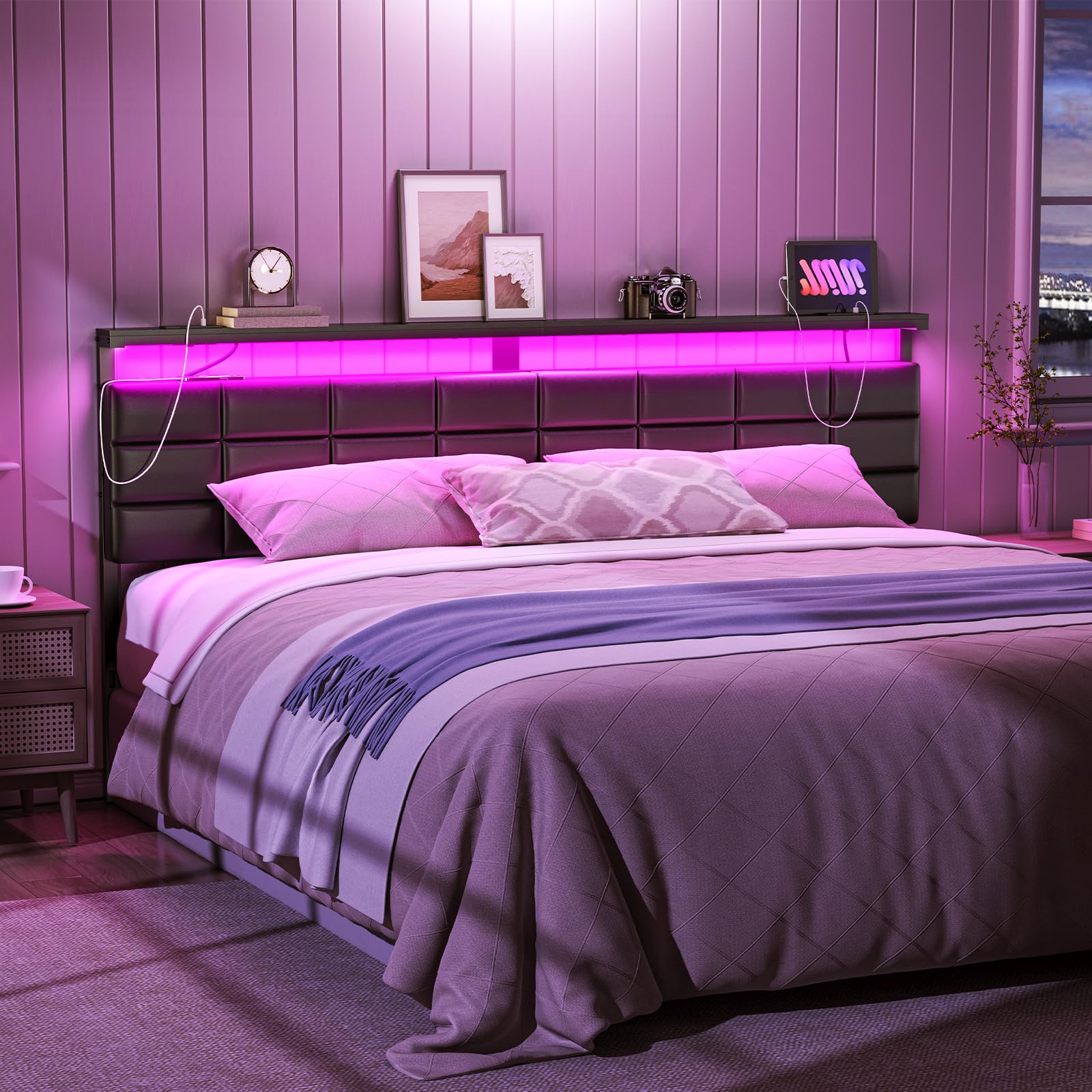 HOOBRO King Size Upholstered Headboard with Storage Rack, USB Charging Stations & LED Lights - Adjustable Height, Sturdy PU Leather Bed Frame Headboard with Open Shelf - Perfect for Modern Bedrooms, Guest Rooms & Small Spaces