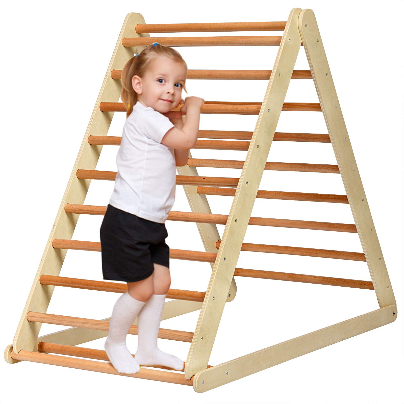 HONEY JOY 2-in-1 Foldable Wooden Triangle Climber with Ramp, Ladder & Slide - Indoor Toddler Climbing Set for Playground, Gym & Daycare - Perfect Gift for Boys & Girls (Natural) - Ideal for Montessori Play, Home Exercise & Early Childhood Development