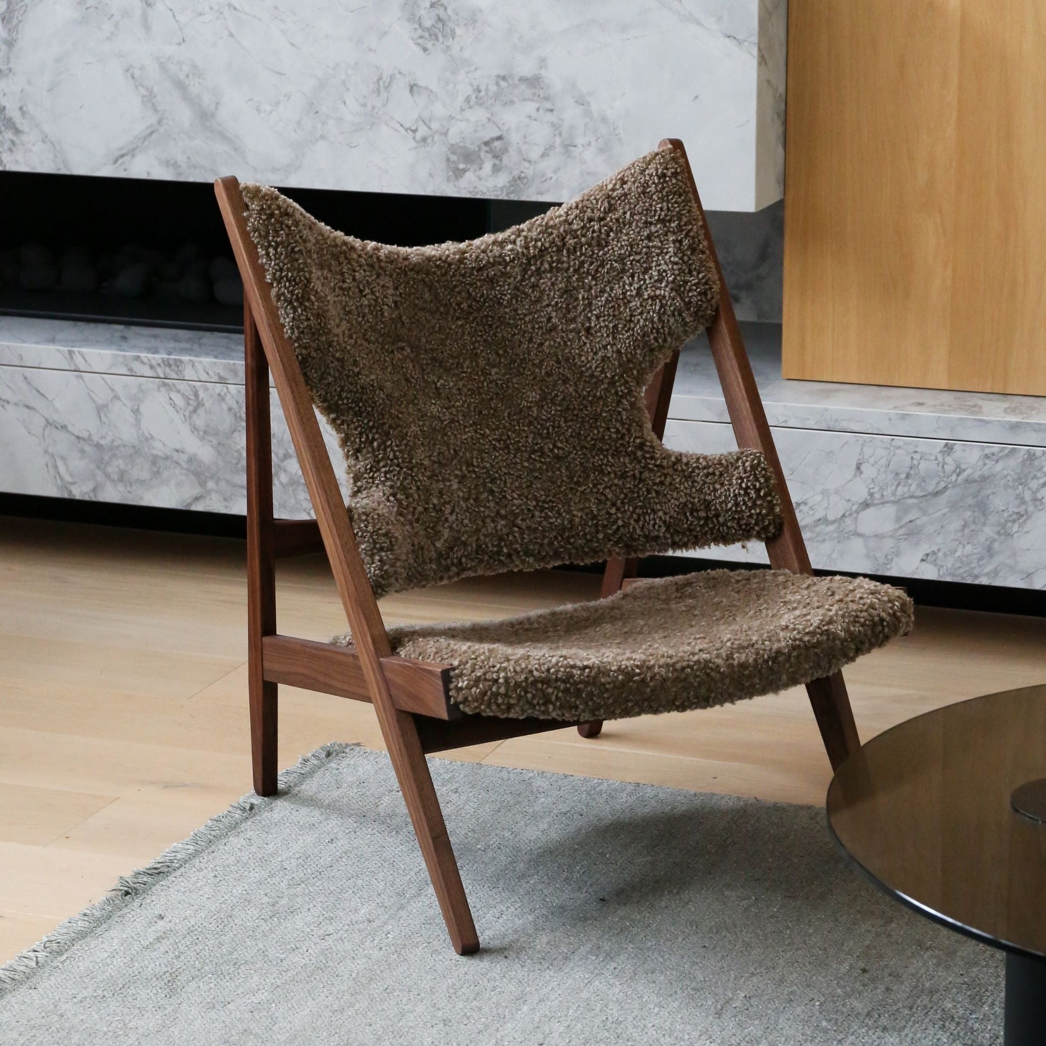 AUDO CPH Knitting Lounge Chair with Walnut Base & Sheepskin Upholstery in Sahara - Modern Scandinavian Design for Living Room, Bedroom, or Office Relaxation