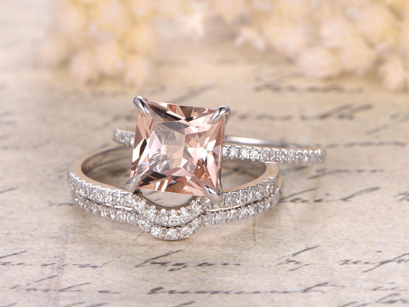 8mm Princess Cut Morganite Ring Set in 14K White Gold for Engagement & Wedding