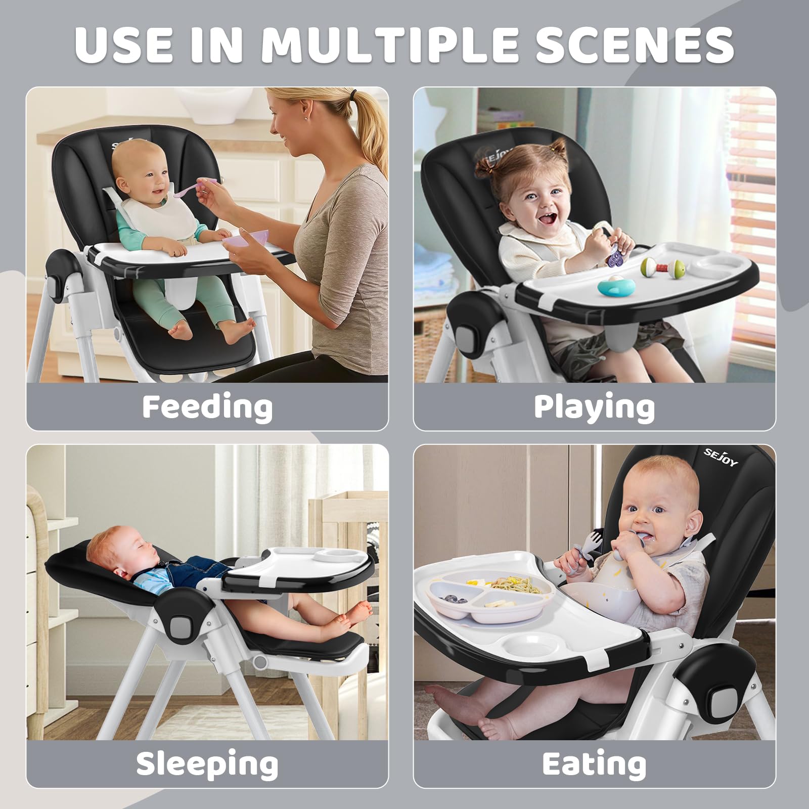 Premium Baby High Chair with 4 Wheels for Infants & Toddlers (6 Months-6 Years) | 110 LBS Weight Capacity | Adjustable Seat Height, Backrest & Footrest | Removable Dishwasher-Safe Meal Tray | Safe Feeding Solution for Home & Restaurant Use (Black)