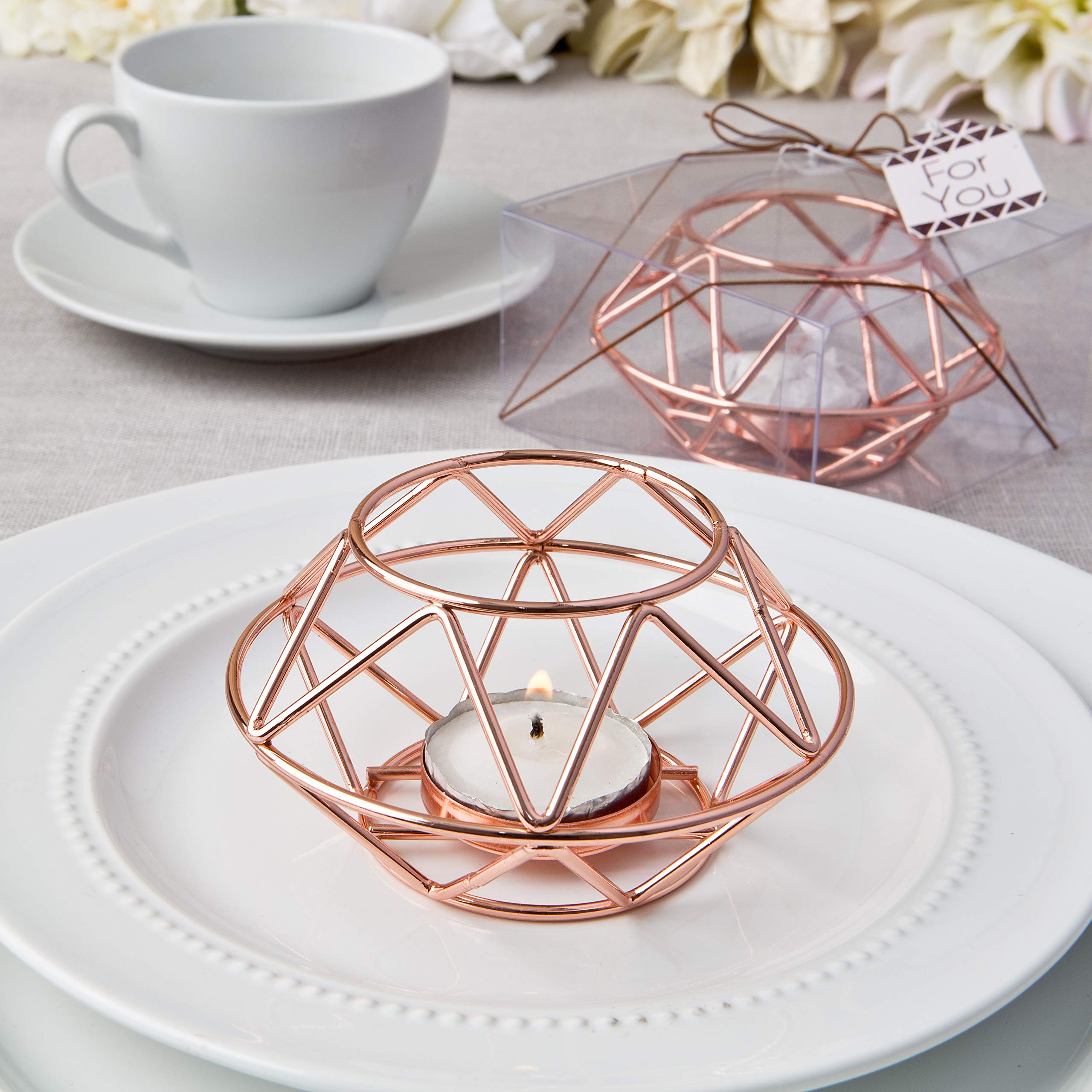 FASHIONCRAFT 8742 Rose Gold Geometric Tealight Candle Holder - Set of 2, Elegant Wedding Favors & Table Centerpiece Decor for Home, Party, and Romantic Ambiance