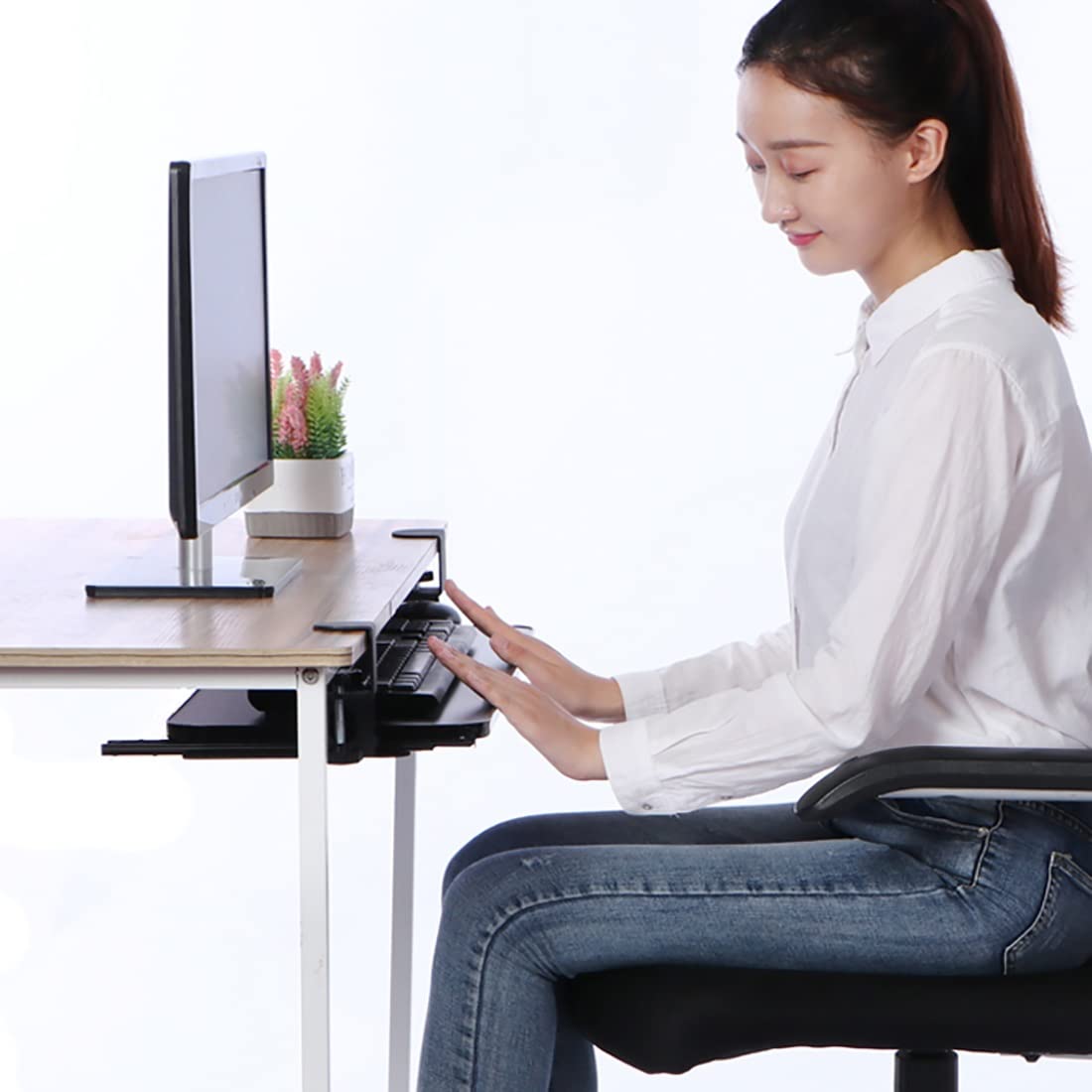 Ergonomic Adjustable Under Desk Keyboard Tray - Smooth Pull-Out Clamp-On Platform with Punch-Free Installation | Perfect for Home Office, Gaming Setup & Workspace Organization