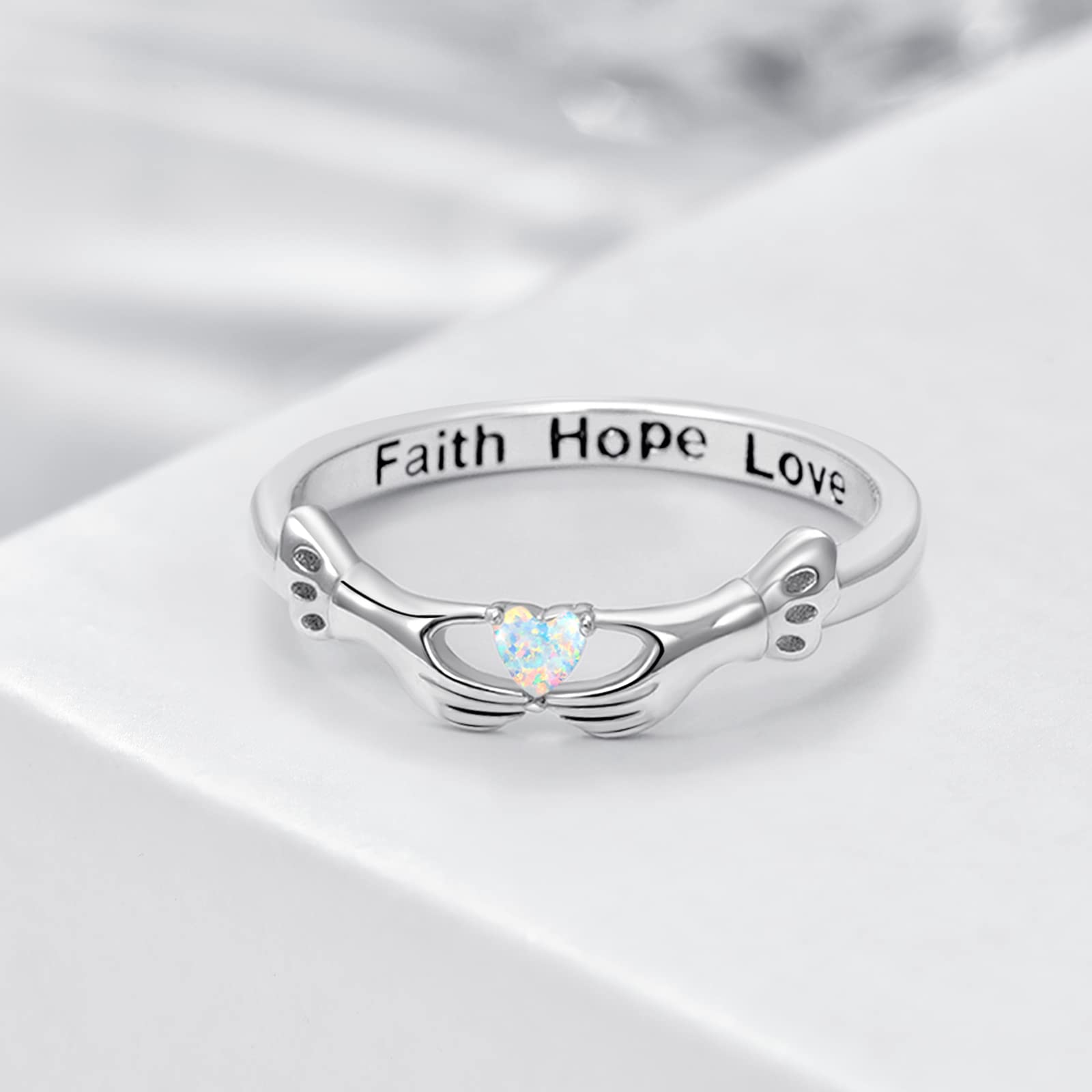 Dreamy Opal Heart Ring for Women - 925 Sterling Silver Faith, Hope & Love Band Ring - Valentine's Day, Birthday & Anniversary Jewelry Gift - Size 9 - Perfect for Romantic Occasions & Everyday Elegance