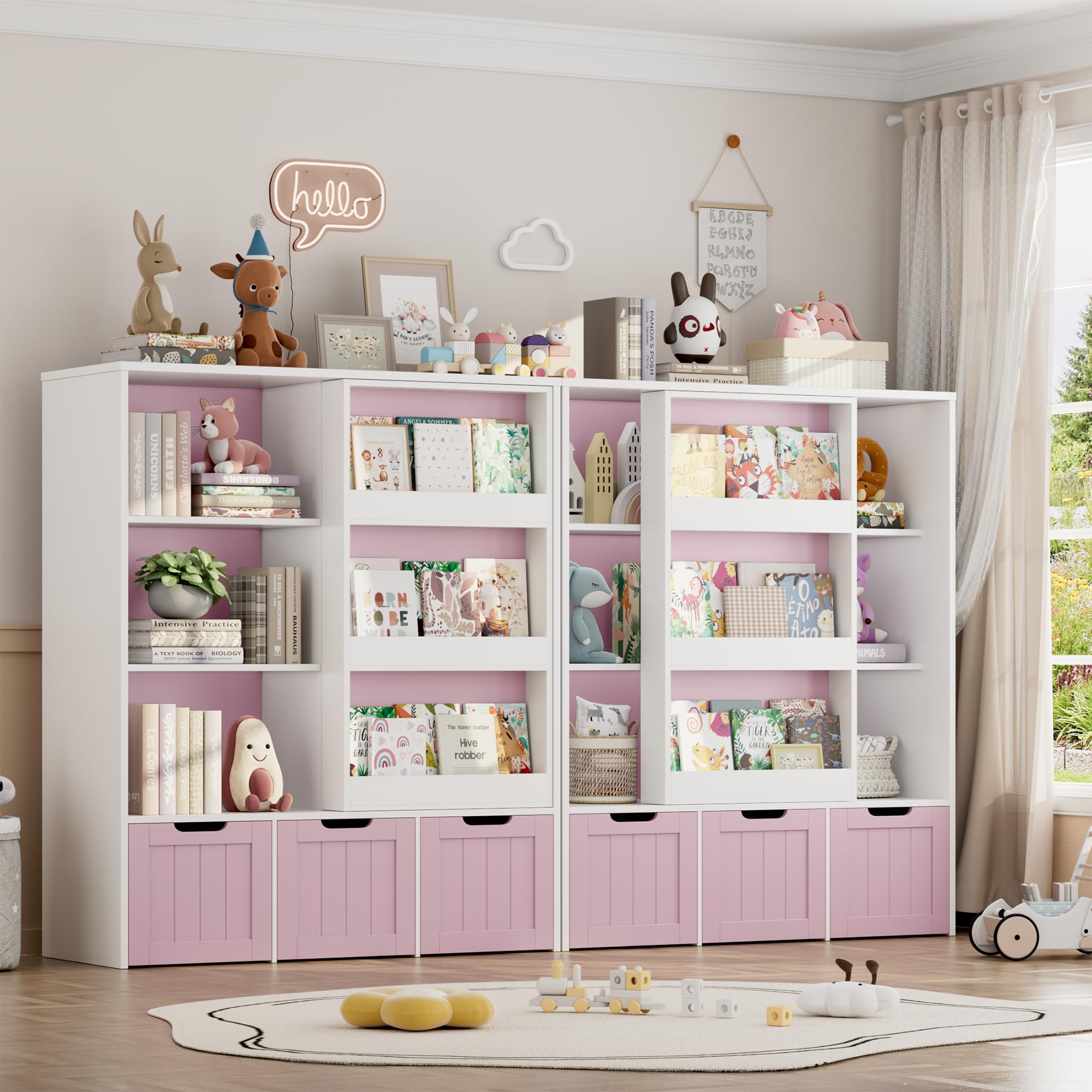 FOTOSOK Kids Toy Storage Organizer with Sliding Bookshelf - 3 Movable Drawers & 6 Storage Cubbies for Playroom, Bedroom, Nursery | Toy Organizer for Books, Toys, Games - Perfect for Playroom Organization & Kids Room Decor