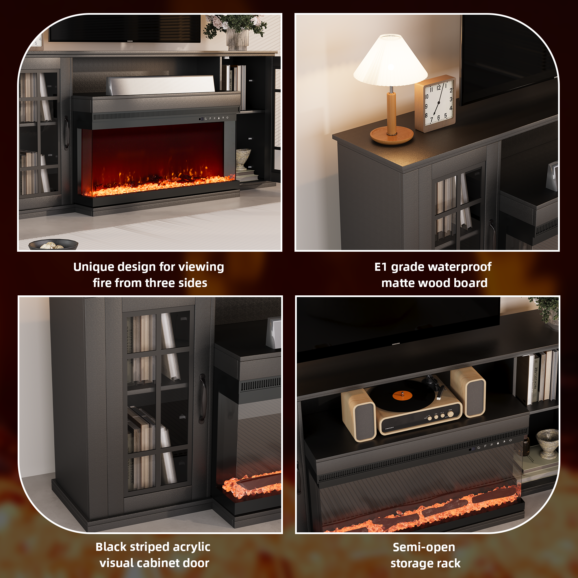 EROMMY 70-Inch 3-Sided Glass Fireplace TV Stand - Modern Media Console with 12 Color Flame Effects, Fits TVs up to 80 Inches, Black - Perfect for Living Room, Bedroom & Home Theater Setup