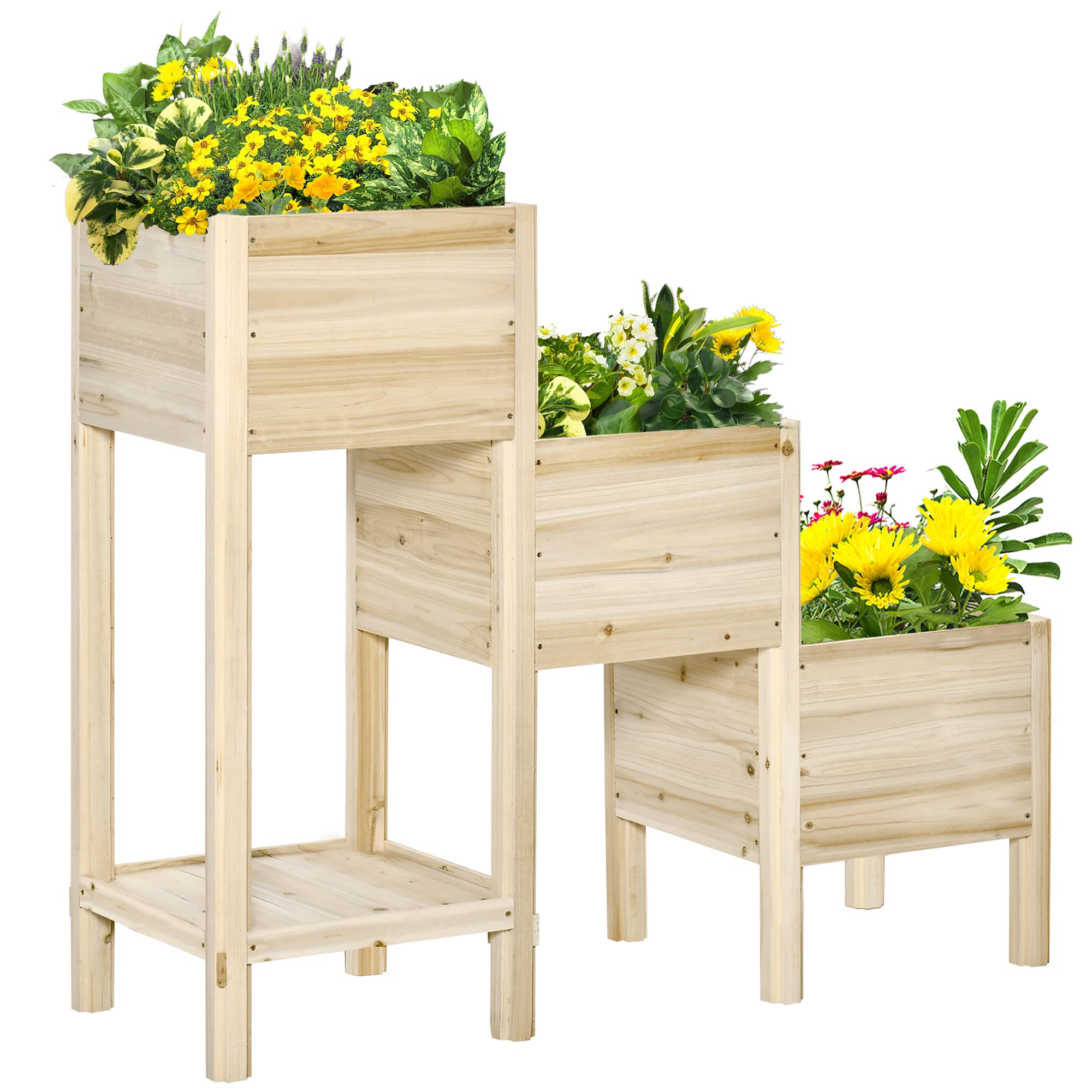 Outsunny 3-Tier Raised Garden Bed with Storage Shelf | Elevated Wooden Planter Box for Vegetables, Herbs & Flowers | Perfect for Patio, Balcony & Backyard Gardening