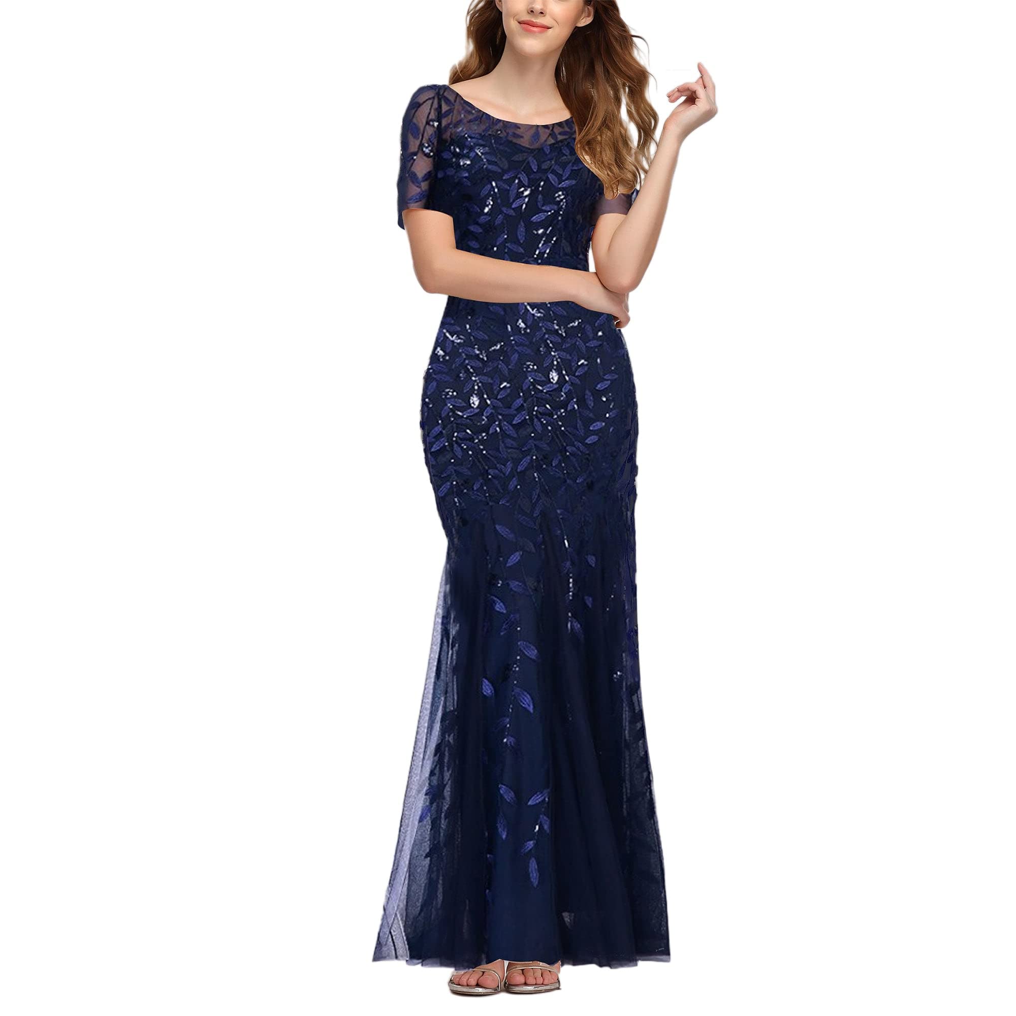 ROMANCE VICTORY Women's Short Sleeve Tulle Embroidery Mermaid Prom Dress for Bridesmaid & Evening Party - Elegant Round Neck Formal Gown for Wedding, Homecoming, Cocktail Events