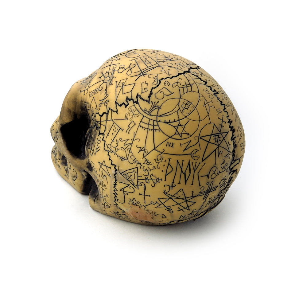 Gothic Inscribed Skull Statue - Dark Decor for Halloween, Home Altar & Gothic Interior Design