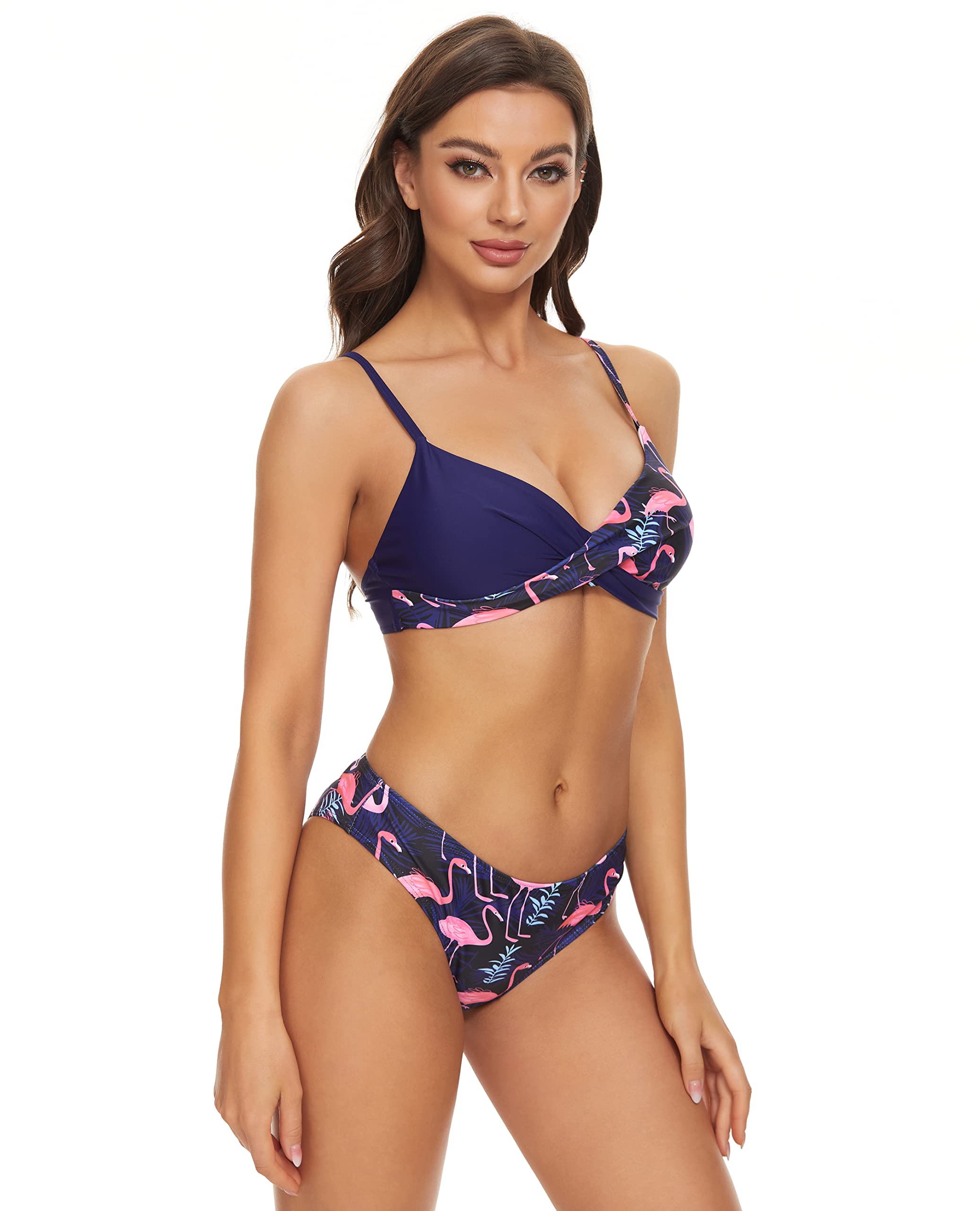 Women's Floral Print Twist Front V-Neck Bikini Top & Low Waist Bottom 2-Piece Swimsuit Set - Beach Vacation, Pool Party, Summer Swimwear
