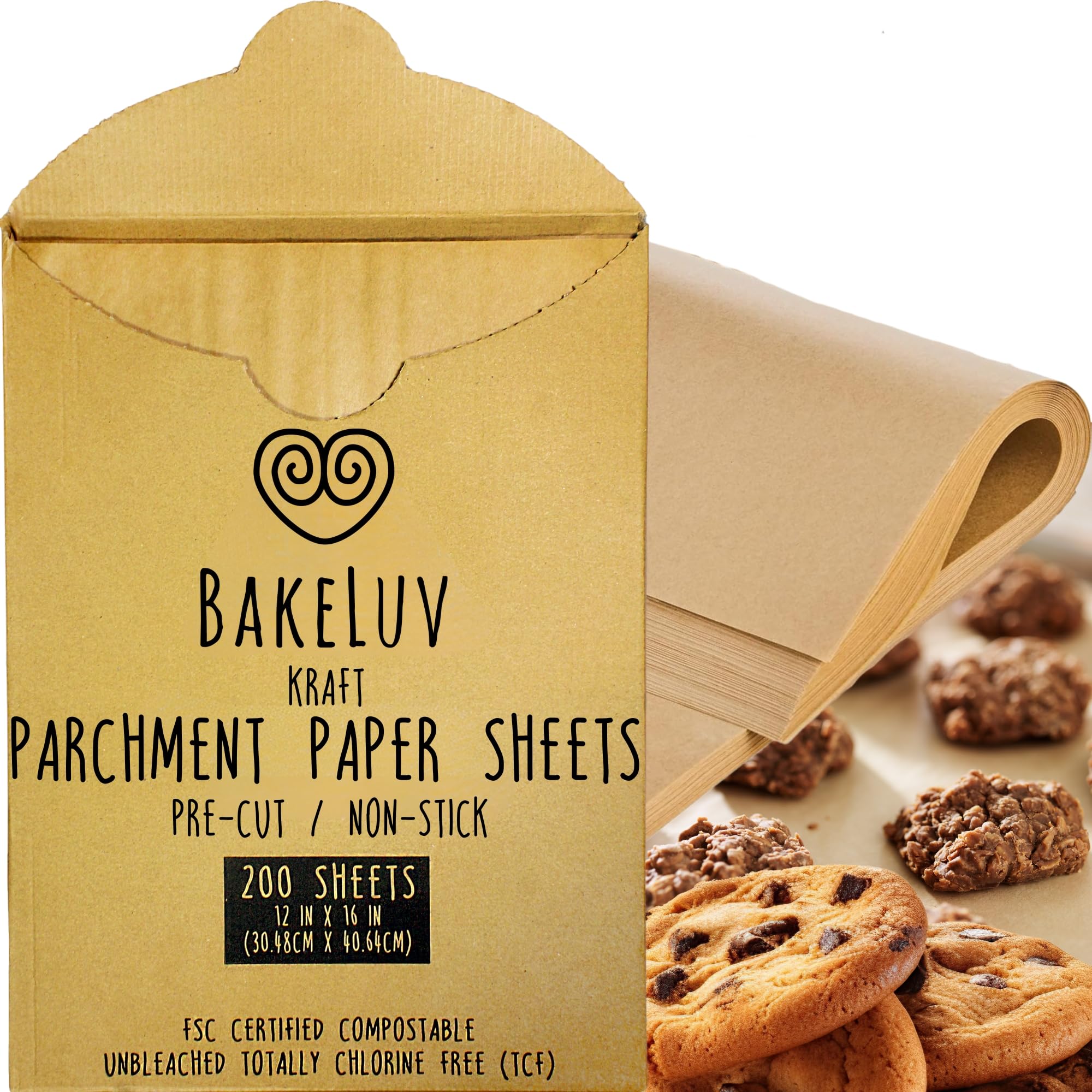 BAKELUV Unbleached Kraft Brown Parchment Paper Sheets 12x16 Inch - 200 Count Non-Stick Precut Baking Paper for Cookies, Cakes & Bread | Oven, Air Fryer, Grill & Freezer Safe | Perfect for Baking, Roasting & Meal Prep