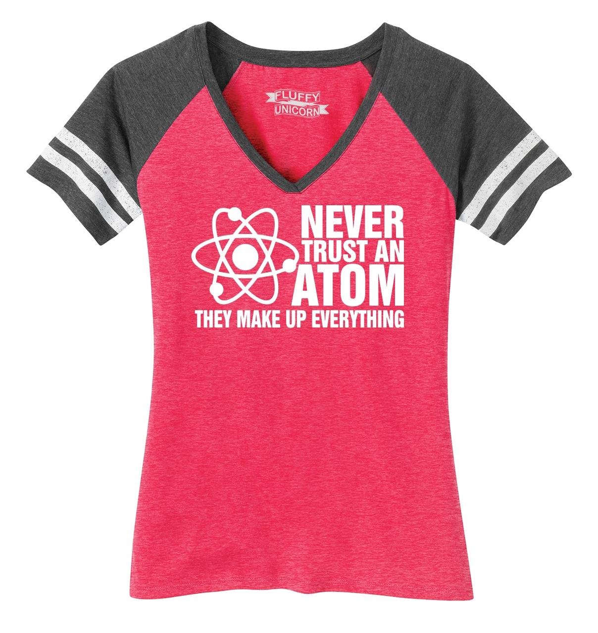 Funny Science Humor T-Shirt for Women - 'Never Trust an Atom They Make Up Everything' V-Neck Tee - Perfect for Casual Wear, Science Jokes Lovers & Gift Giving