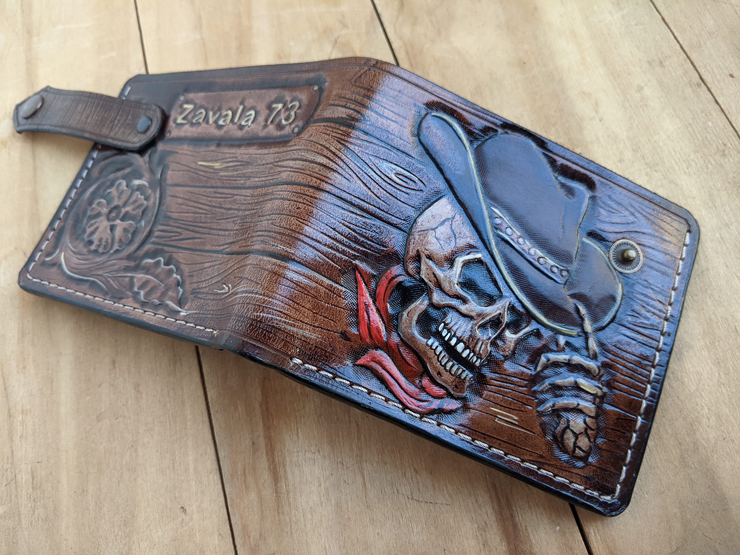 Sheridan Style Western Leather Wallet for Men - Handmade Genuine Leather Bifold Wallet with Floral Embossed Design, Cowboy Skull & Revolver Airbrush Art - RFID Blocking Biker Wallet - Perfect for Western Enthusiasts, Bikers & Gothic Fashion Lovers