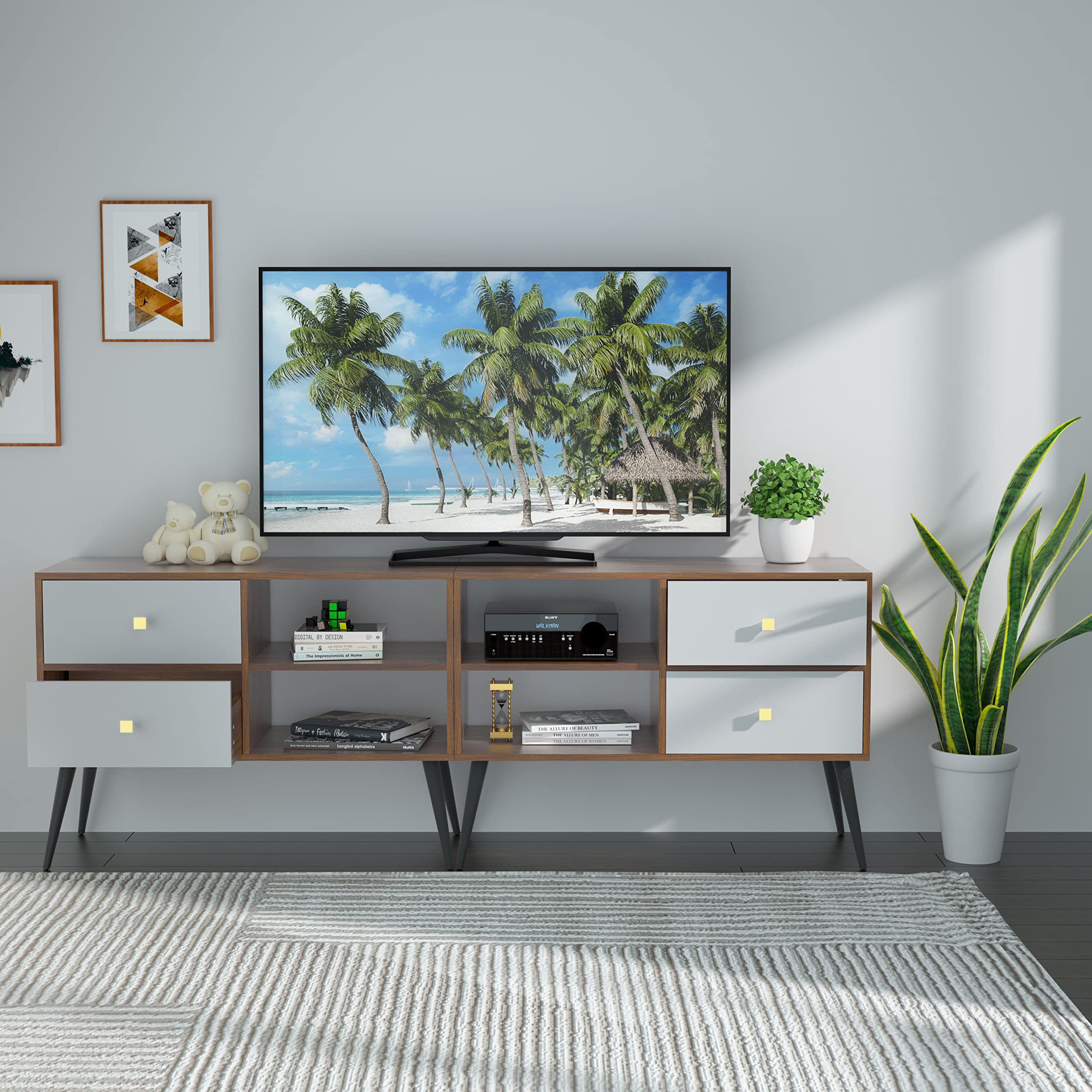 Walnut Wood File Cabinet with 2 Drawers & Open Storage - TV Stand, Storage Cabinet for Office & Living Room (Walnut + White Finish) - Perfect for Home Office Organization & Entertainment Center Storage