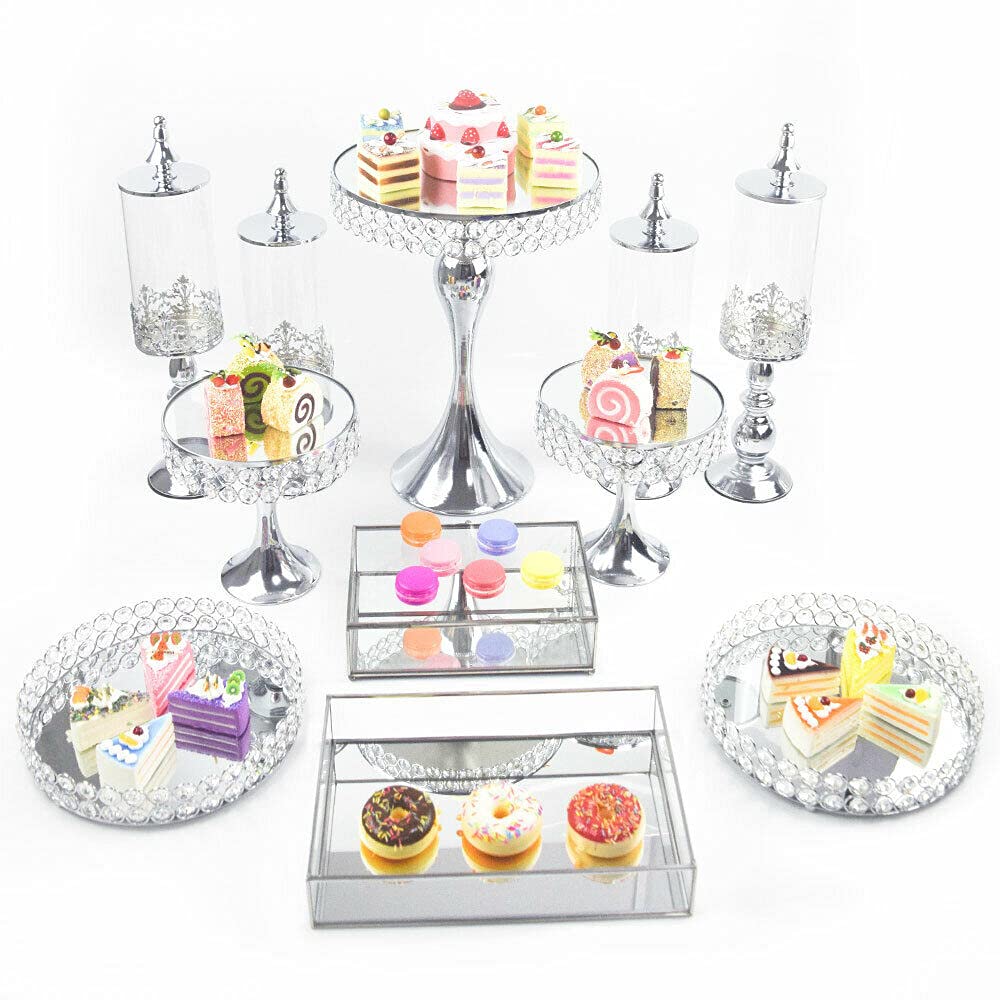 11-Piece Silver Cake Stand Set - Elegant Crystal Cupcake Dessert Plate Display Tower with Mirror Cake Holder for Weddings, Afternoon Tea & Birthday Parties | Perfect for Dessert Buffets, Bridal Showers & Special Events