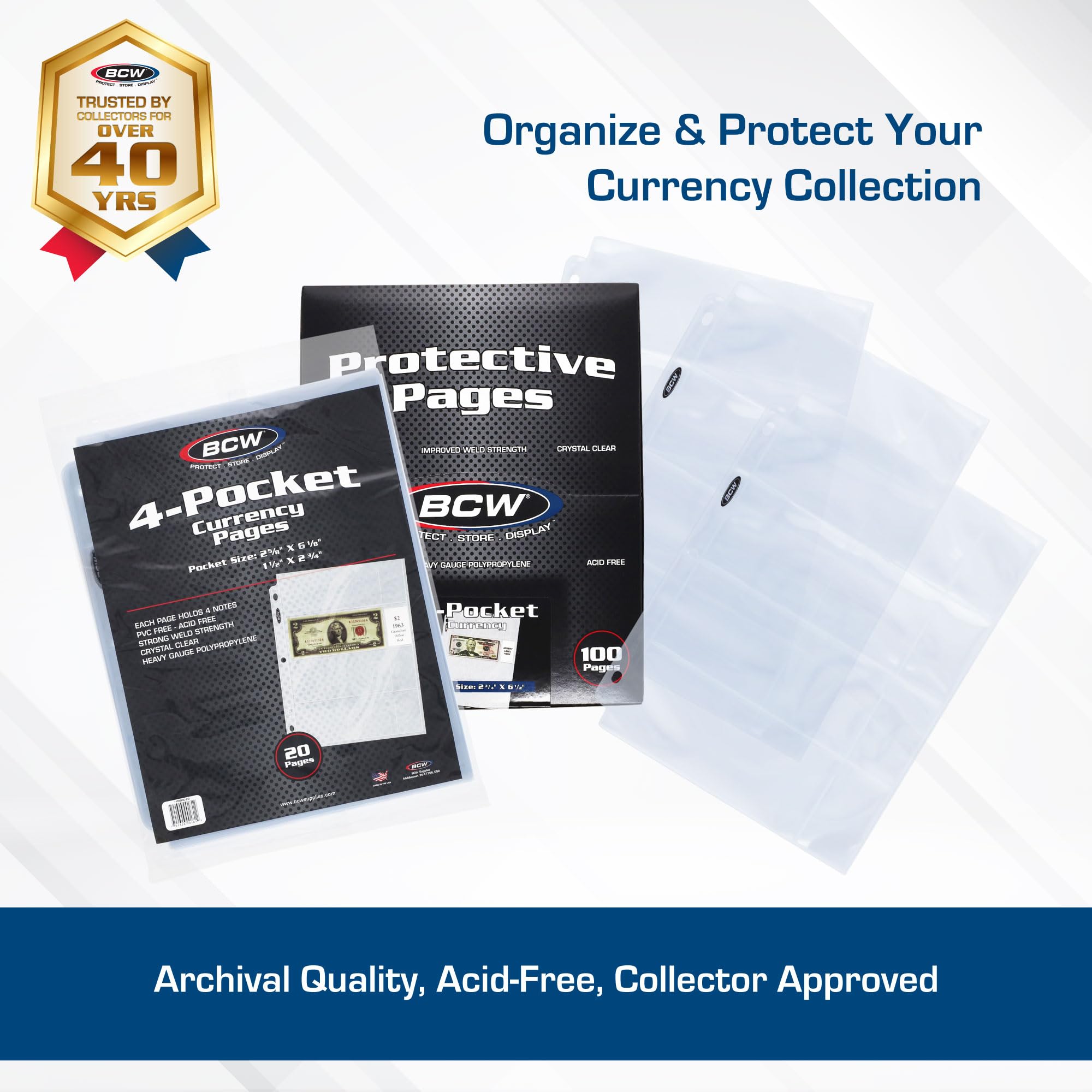 BCW Pro 4-Pocket Currency Sleeves - 100 Count for 6.5