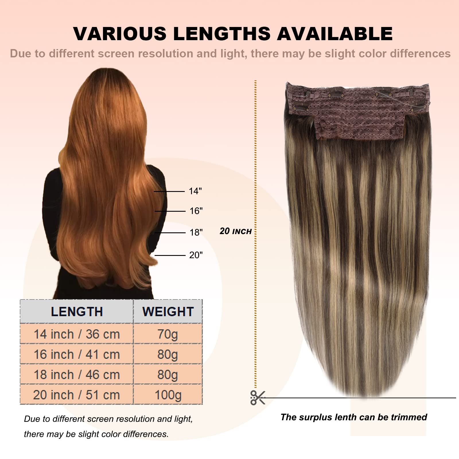 OiMiGO 20 Inch Human Hair Extensions with Invisible Fish Wire - Adjustable Size 100g Medium Brown Mix Caramel Blonde Balayage Highlights | Perfect for Daily Styling, Parties & Special Occasions